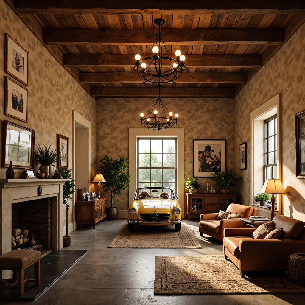 Prompt: Warm family garage, classic architectural style, soft warm lighting, exposed wooden beams, natural stone walls, earthy tone color scheme, rustic metal accents, vintage car displays, nostalgic memorabilia, cozy reading nooks, plush area rugs, warm beige tones, creamy white trim, ornate chandeliers, pendant lamps, table lamps, floor lamps, layered lighting, ambient illumination, soft shadows, 1/2 composition, medium depth of field, realistic textures, subtle reflections.