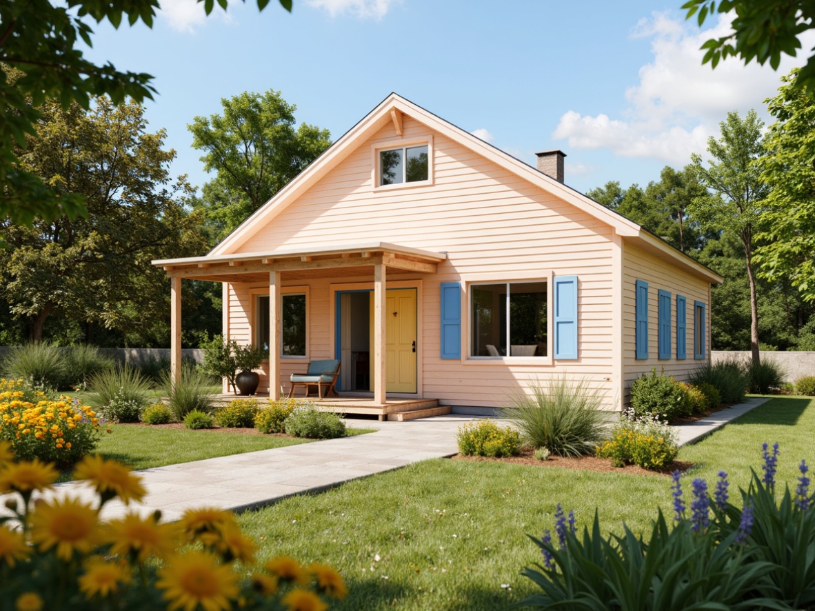 Prompt: Vibrant kindergarten farmhouse, rustic wooden accents, pastel color palette, soft peach walls, creamy white trim, sky blue shutters, bright yellow doors, greenery surroundings, blooming wildflowers, sunny day, warm natural lighting, shallow depth of field, 3/4 composition, panoramic view, realistic textures, ambient occlusion.