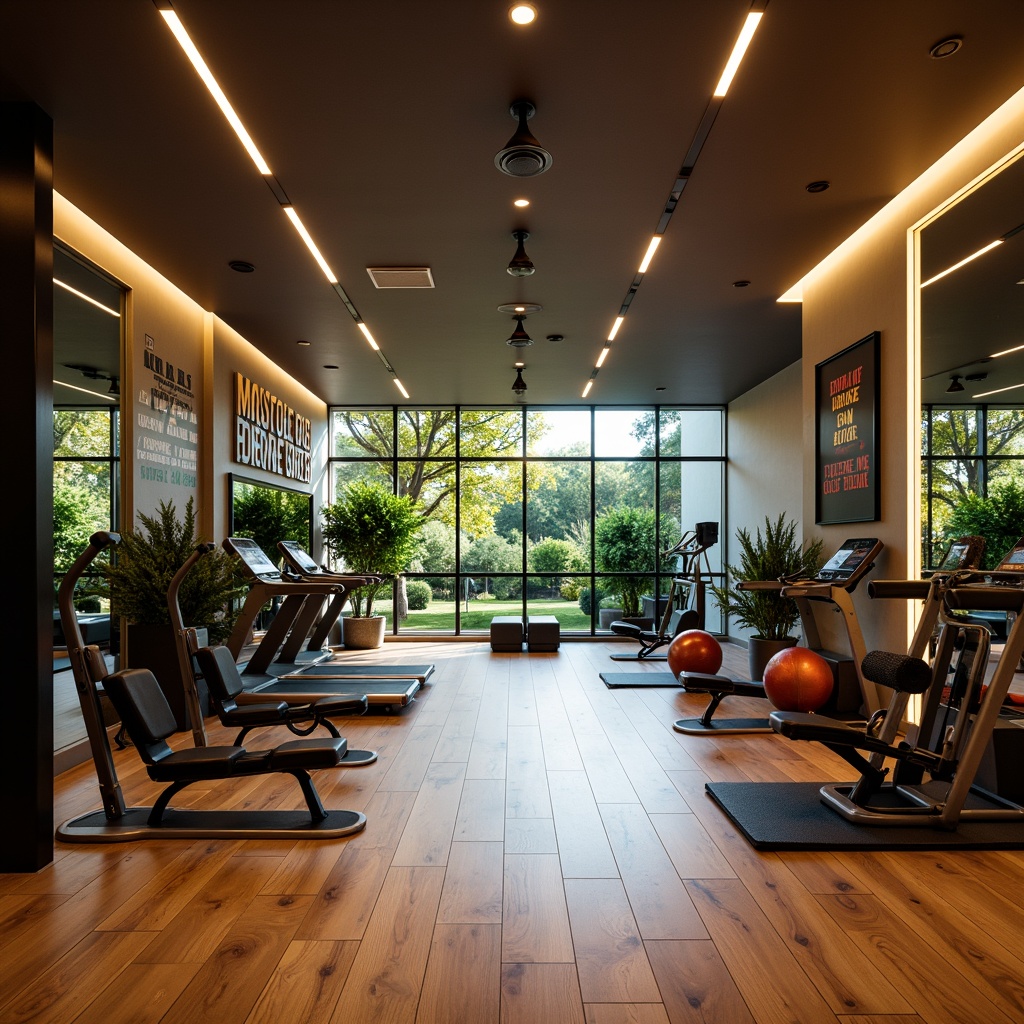 Prompt: Modern home gym, sleek exercise equipment, mirrored walls, wooden flooring, energetic color scheme, bright overhead lighting, LED strip lights, warm ambient glow, spotlights on machines, natural daylight pouring in, large windows, outdoor garden views, refreshing greenery, motivational quotes, inspirational artwork, high-contrast dramatic shadows, shallow depth of field, 1/2 composition, realistic textures, softbox lighting.