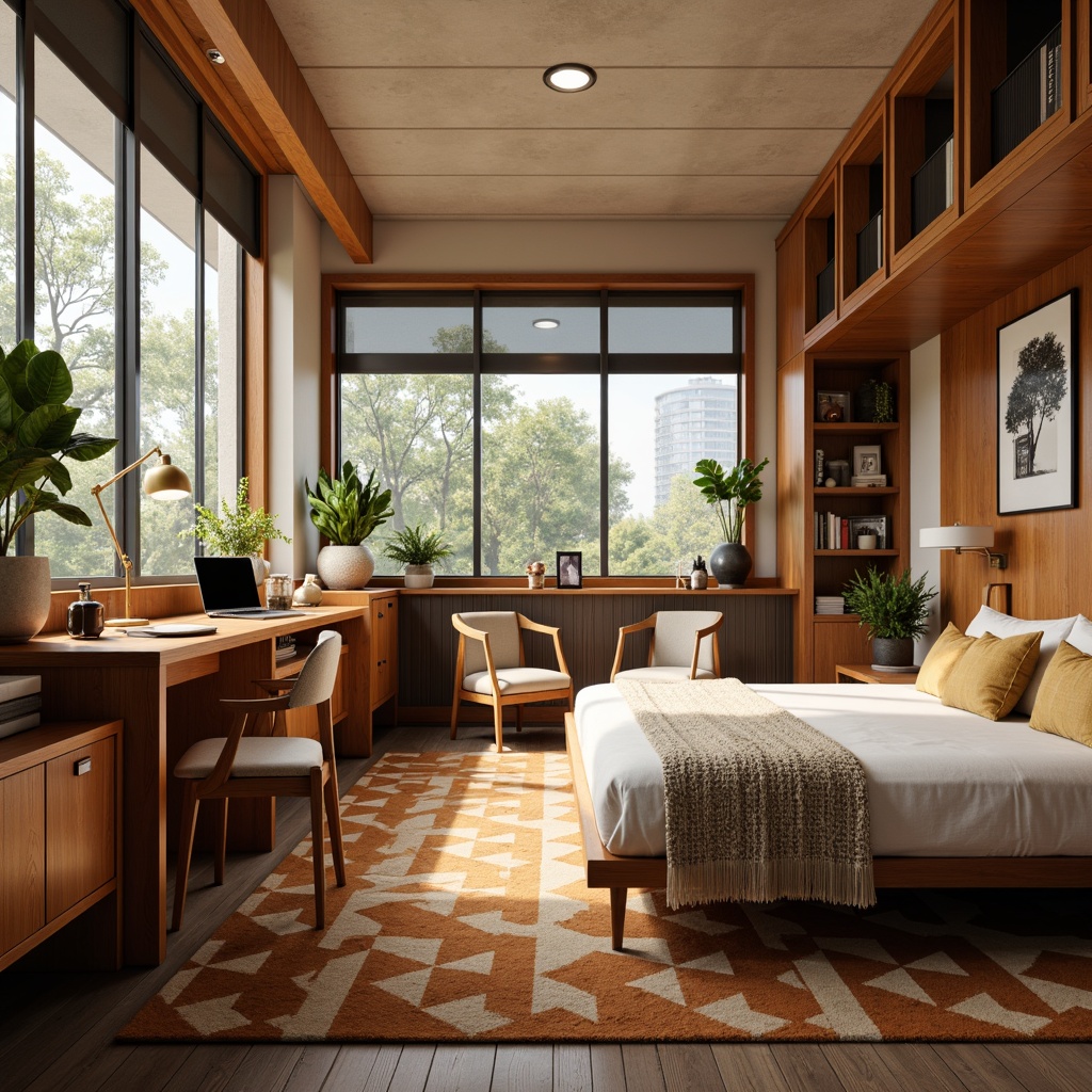 Prompt: Mid-century modern dormitory, retro-inspired furniture, sleek wooden desks, minimalist bed frames, geometric-patterned rugs, plush armchairs, floor-to-ceiling windows, natural wood accents, soft warm lighting, shallow depth of field, 1/2 composition, realistic textures, ambient occlusion, cozy reading nooks, built-in shelving units, vintage decorative accessories, earthy color palette, organic shapes, functional decor.