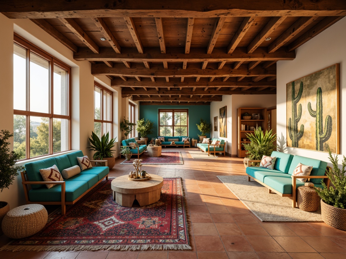 Prompt: Vibrant turquoise accents, earthy terracotta flooring, rustic wooden beams, plush southwestern-patterned rugs, comfortable lounge seating, geometric-shaped coffee tables, woven wicker furniture, natural stone walls, warm golden lighting, cozy nooks, desert-inspired artwork, cactus plants, tribal-printed throw pillows, distressed wood shelving, modern minimalist decor, functional storage units, collaborative study areas, flexible modular furniture, soft warm color palette, 1/2 composition, shallow depth of field, realistic textures.