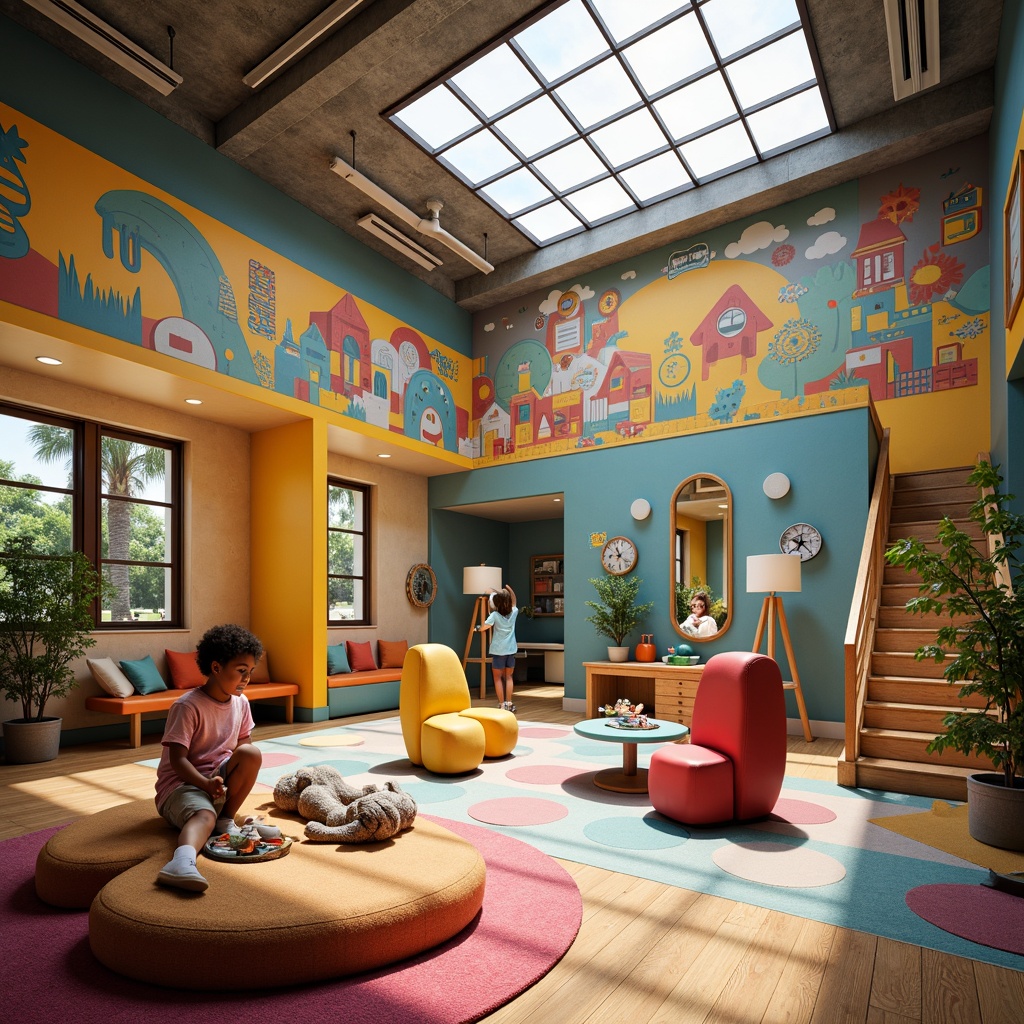 Prompt: Vibrant playhouse, whimsical sculptures, colorful murals, interactive exhibits, sensory play zones, imagination-driven climbing structures, soft padded flooring, natural light pouring in, open-ended art stations, collaborative workspaces, flexible modular furniture, cozy reading nooks, acoustic sound systems, 1/1 composition, warm atmospheric lighting, shallow depth of field, realistic textures.