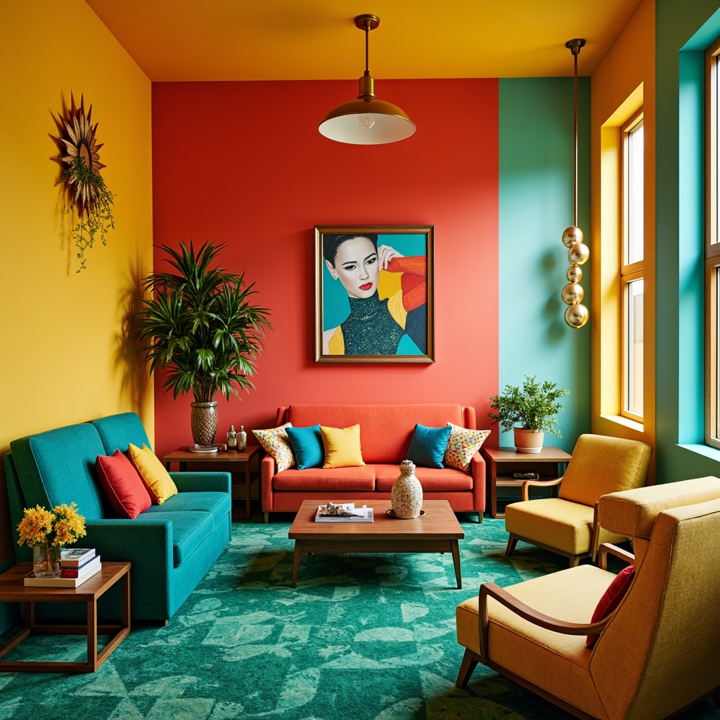 Prompt: Vibrant postmodernist interior, bold color blocking, eclectic furniture arrangement, playful pattern mixing, Memphis-inspired geometric shapes, bright coral walls, turquoise accents, sunshine yellow ceilings, rich emerald green carpets, velvety smooth textures, ornate gold fixtures, abstract artwork, statement lighting fixtures, avant-garde decorative accessories, 1/1 composition, shallow depth of field, softbox lighting, realistic reflections.