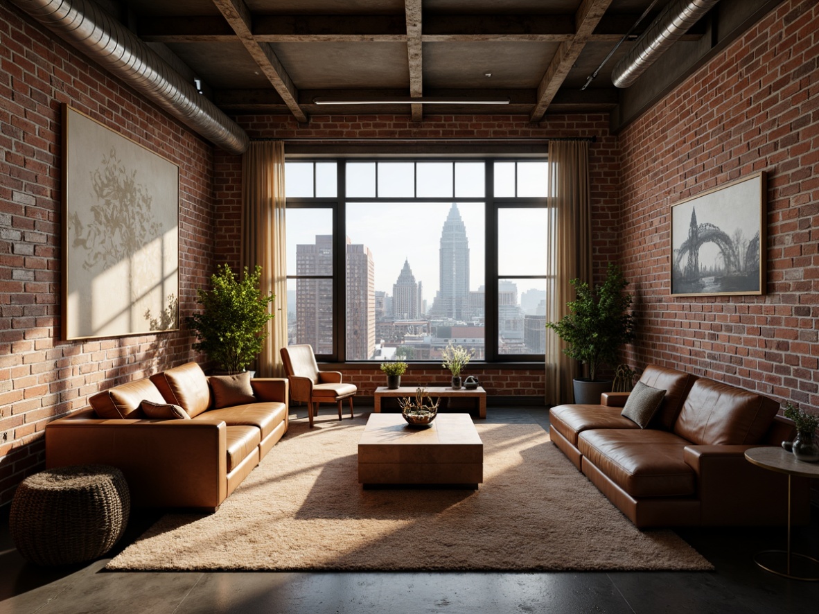 Prompt: Industrial-chic loft space, exposed brick walls, metal beams, reclaimed wood accents, distressed finishes, urban cityscape views, warm neutral tones, earthy shades, rich leathers, luxurious textiles, atmospheric lighting, softbox diffused light, 2/3 composition, gritty realistic textures, subtle ambient occlusion.