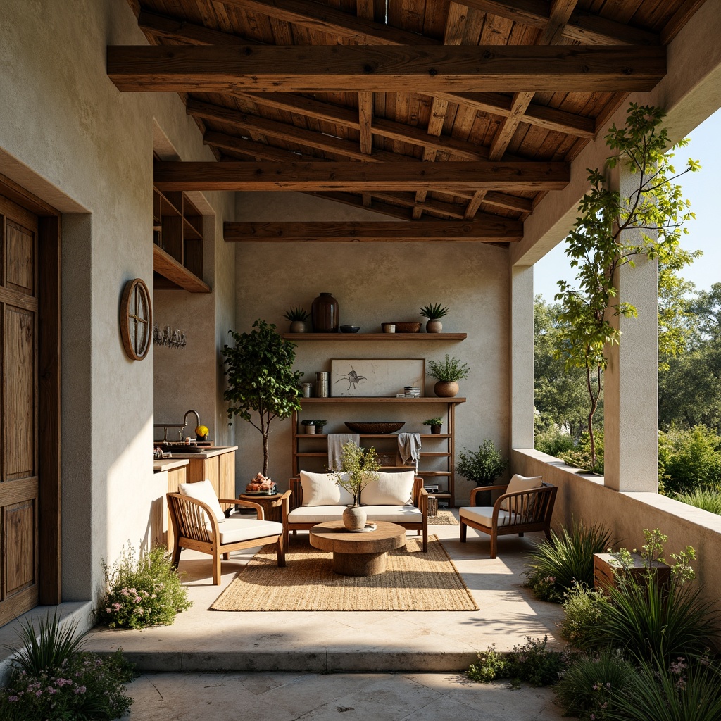 Prompt: Rustic farmhouse, natural materials, reclaimed wood, wooden beams, stone walls, earthy tones, cozy atmosphere, warm lighting, vintage decorations, woven textiles, linen fabrics, distressed finishes, metal accents, organic shapes, lush greenery, blooming flowers, sunny day, soft warm lighting, shallow depth of field, 3/4 composition, realistic textures, ambient occlusion.