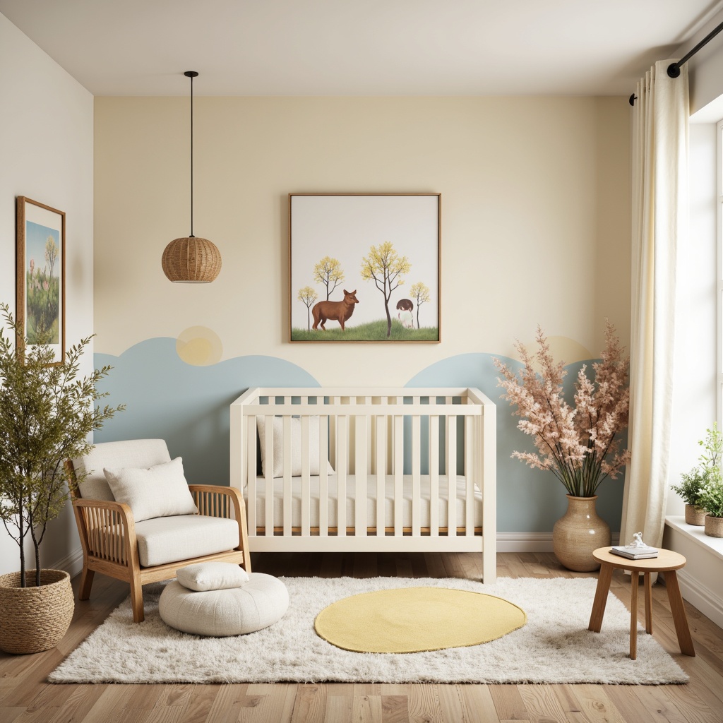 Prompt: Soft pastel hues, gentle nursery atmosphere, calming beige walls, creamy white furniture, pale blue accents, warm yellow undertones, whimsical woodland creatures, delicate florals, natural textiles, plush area rugs, cozy reading nooks, soothing warm lighting, shallow depth of field, 1/1 composition, intimate close-up shots, realistic soft focus, ambient occlusion.