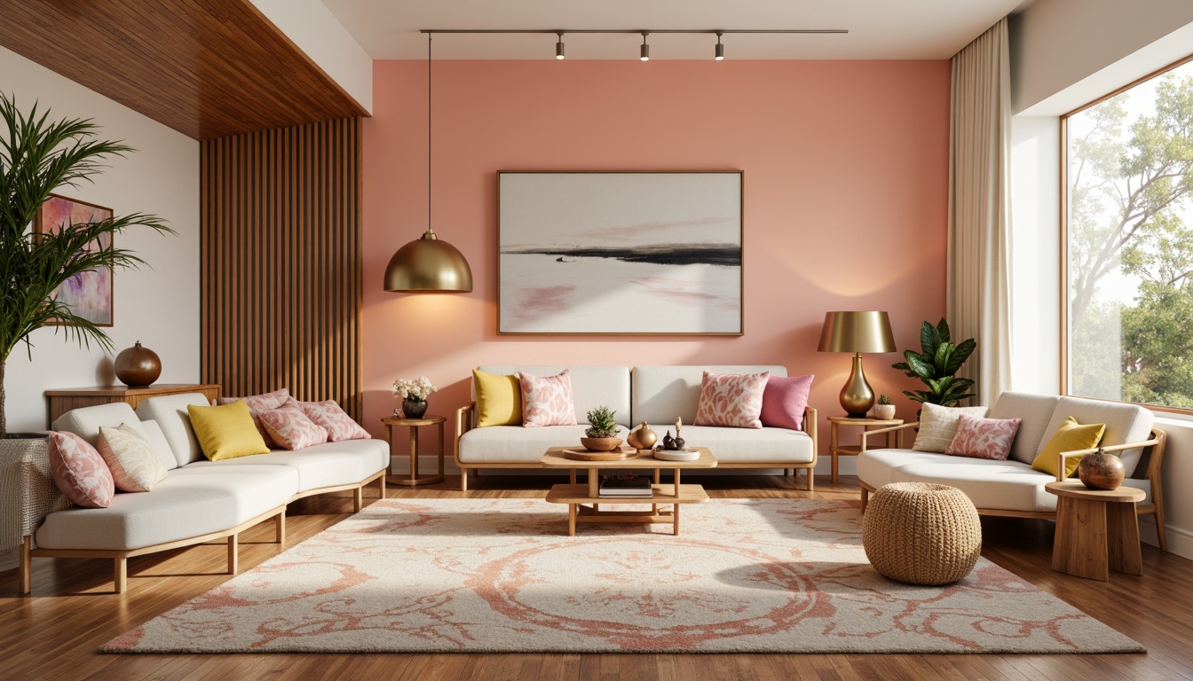 Prompt: Vibrant modern interior, eclectic furniture pieces, bold artwork, pastel hues, soft peach tones, creamy whites, rich wood accents, metallic gold fixtures, natural textiles, organic patterns, abstract shapes, bohemian-inspired decor, warm ambient lighting, shallow depth of field, 1/1 composition, realistic renderings.