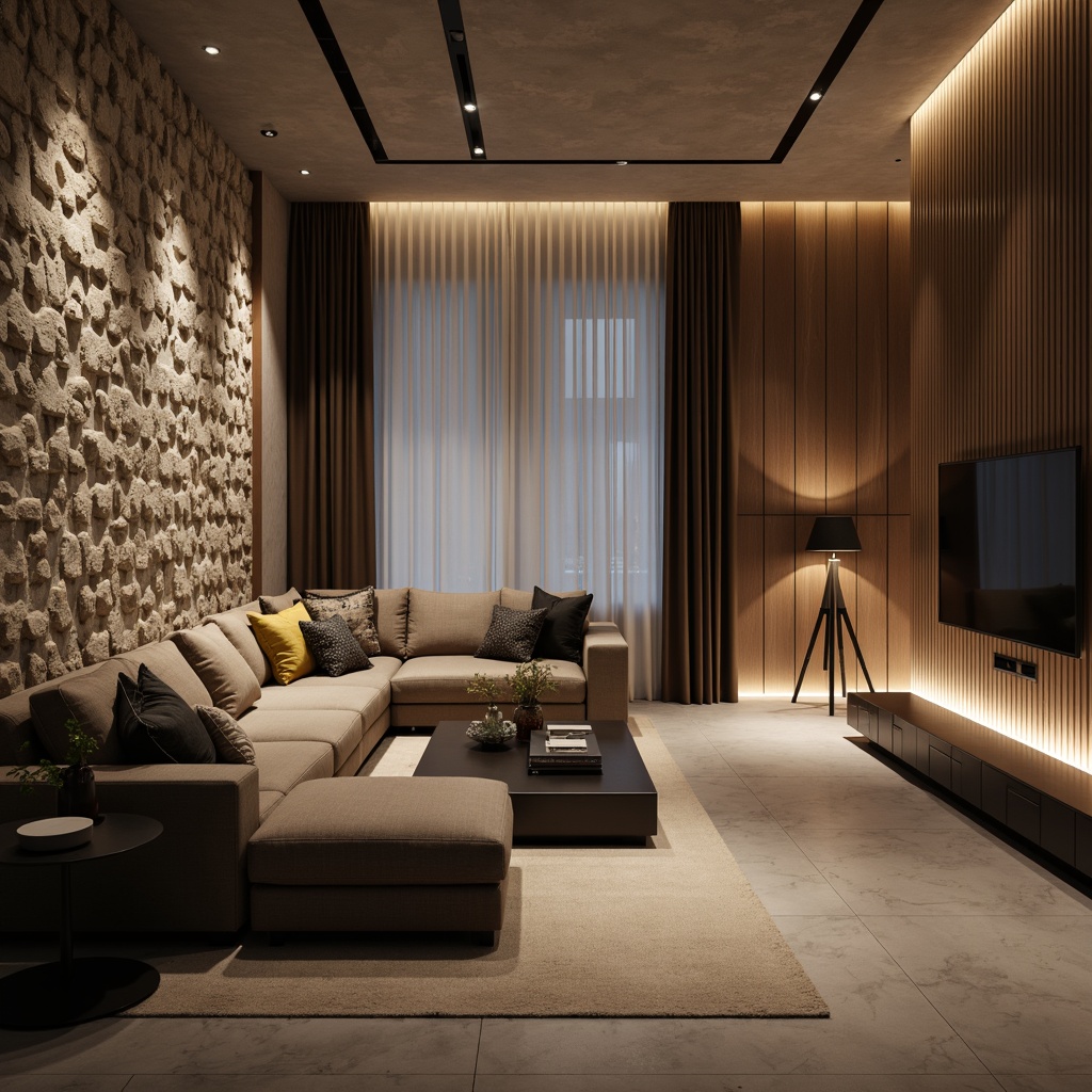 Prompt: Luxurious living room, statement walls, textured finishes, metallic accents, geometric patterns, 3D wall panels, rich wood tones, natural stone cladding, LED lighting installations, ambient glow, soft focus, shallow depth of field, 1/2 composition, modern minimalist decor, sleek lines, monochromatic color scheme, urban chic atmosphere.