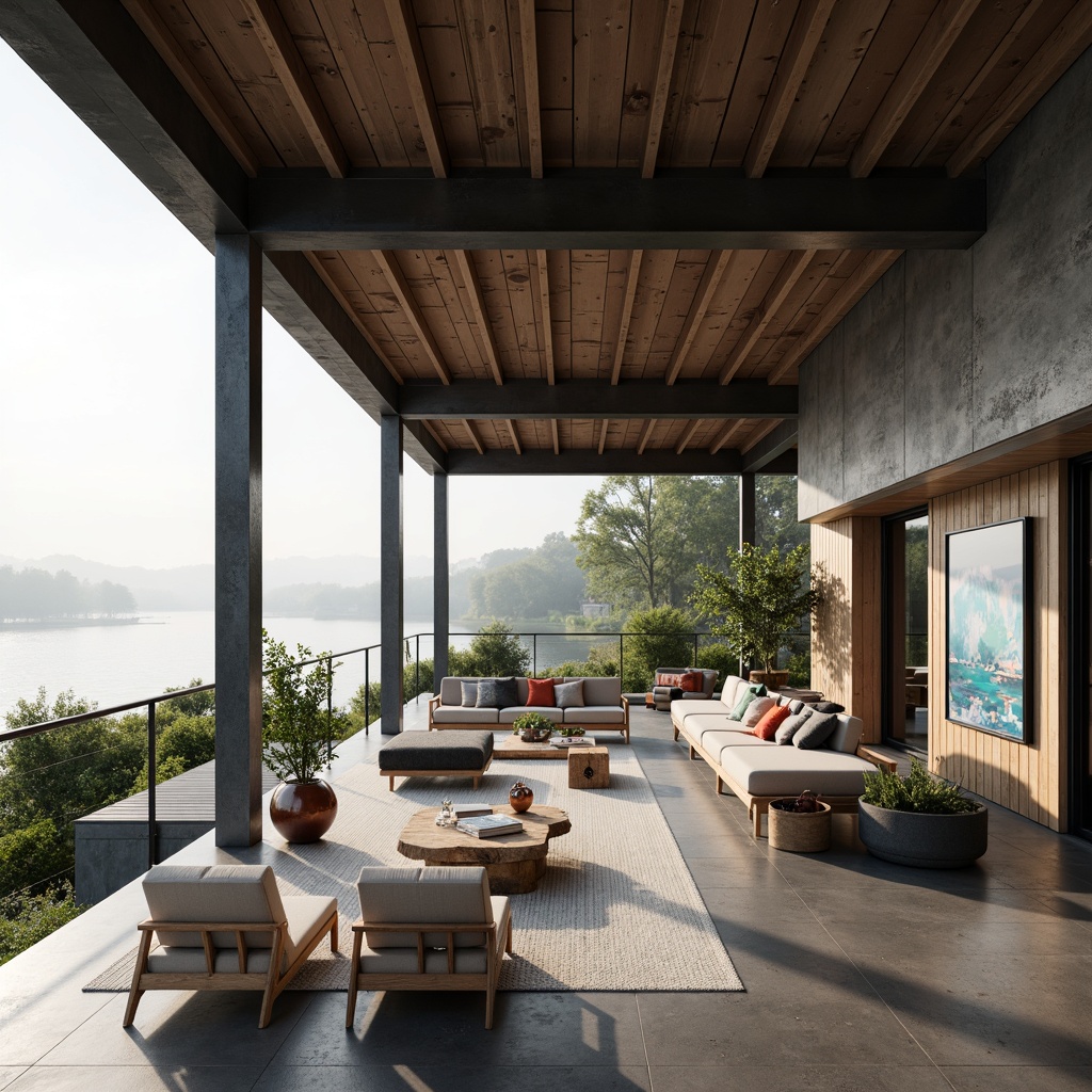 Prompt: Minimalist boathouse, open-plan living area, floor-to-ceiling windows, industrial metal beams, polished concrete floors, reclaimed wood accents, nautical-themed decor, functional simplicity, bold color blocking, geometric shapes, abstract art pieces, waterfront views, serene lake scenery, lush greenery, misty morning atmosphere, soft natural lighting, 1/1 composition, cinematic depth of field.