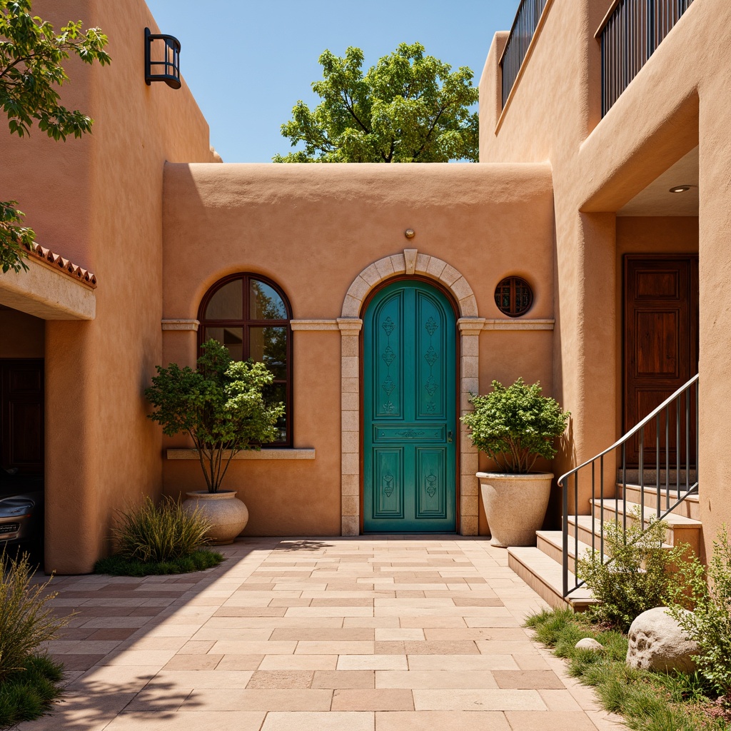 Prompt: Adobe earth tones, stucco walls, wooden accents, rustic doors, ornate metalwork, vibrant turquoise details, geometric patterns, clay roof tiles, curved archways, wrought iron railings, natural stone columns, decorative ceramic tiles, warm sunny day, soft golden lighting, shallow depth of field, 1/2 composition, realistic textures, ambient occlusion.