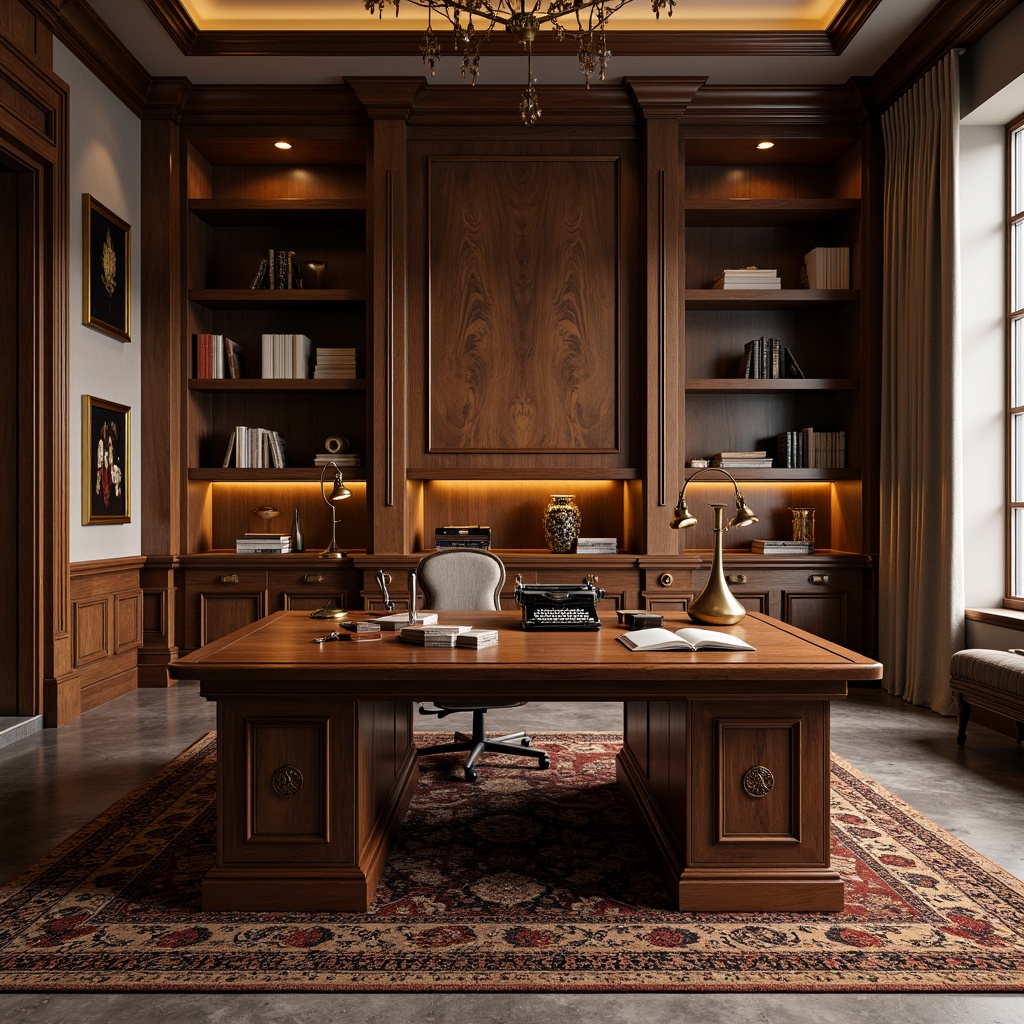 Prompt: Luxurious home office, rich walnut wood furniture, metallic accents, geometric patterns, ornate details, vintage typewriter, leather-bound books, elegant desk lamps, plush area rug, sophisticated color palette, warm golden lighting, shallow depth of field, 1/1 composition, symmetrical framing, realistic textures, ambient occlusion.