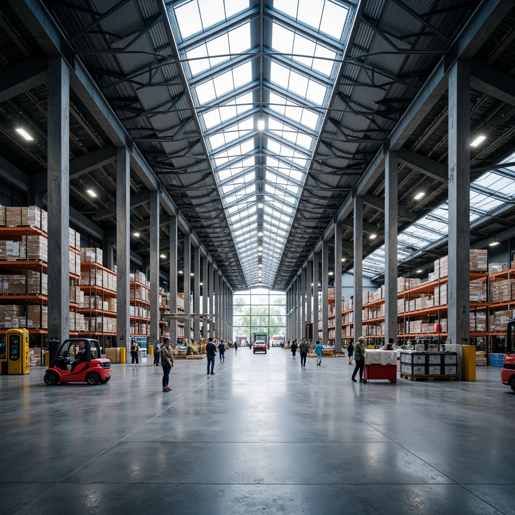 Prompt: Industrial distribution center, high vaulted ceilings, exposed ductwork, metal beams, polished concrete floors, rhythmic column patterns, natural light pouring through skylights, rows of storage racks, busy forklift traffic, modern LED lighting, minimalist design, functional architecture, neutral color palette, sleek metal accents, urban feel, overhead crane systems, spacious interior, dramatic vertical space, 1/1 composition, softbox lighting, realistic textures, ambient occlusion.