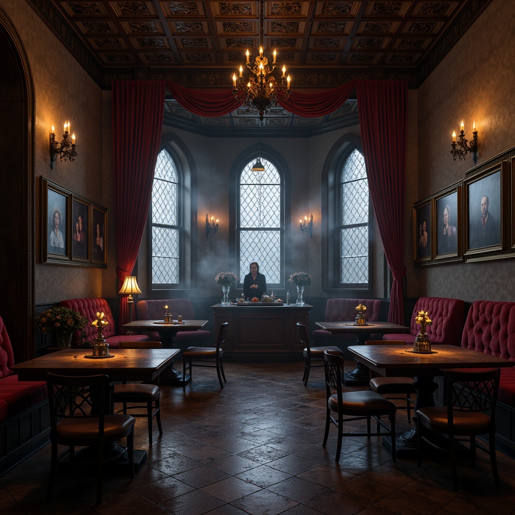 Prompt: Dark mysterious bar, gothic arches, ornate carvings, rich velvet drapes, heavy wooden tables, ornamental metal chairs, crimson red upholstery, golden accents, mystical ambiance, dim warm lighting, foggy atmosphere, eerie shadows, 3/4 composition, cinematic view, realistic textures, ambient occlusion.