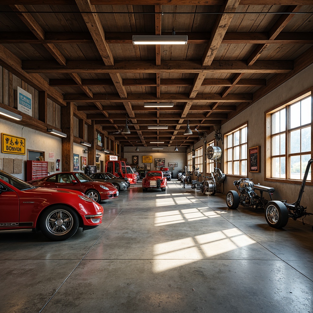 Prompt: Rustic garage interior, industrial metal beams, concrete floors, vintage car displays, toolboxes, mechanical equipment, earthy tones, weathered wood accents, distressed finishes, bold reds, deep blues, warm yellows, rich grays, metallic silvers, soft warm lighting, shallow depth of field, 1/1 composition, realistic textures, ambient occlusion.