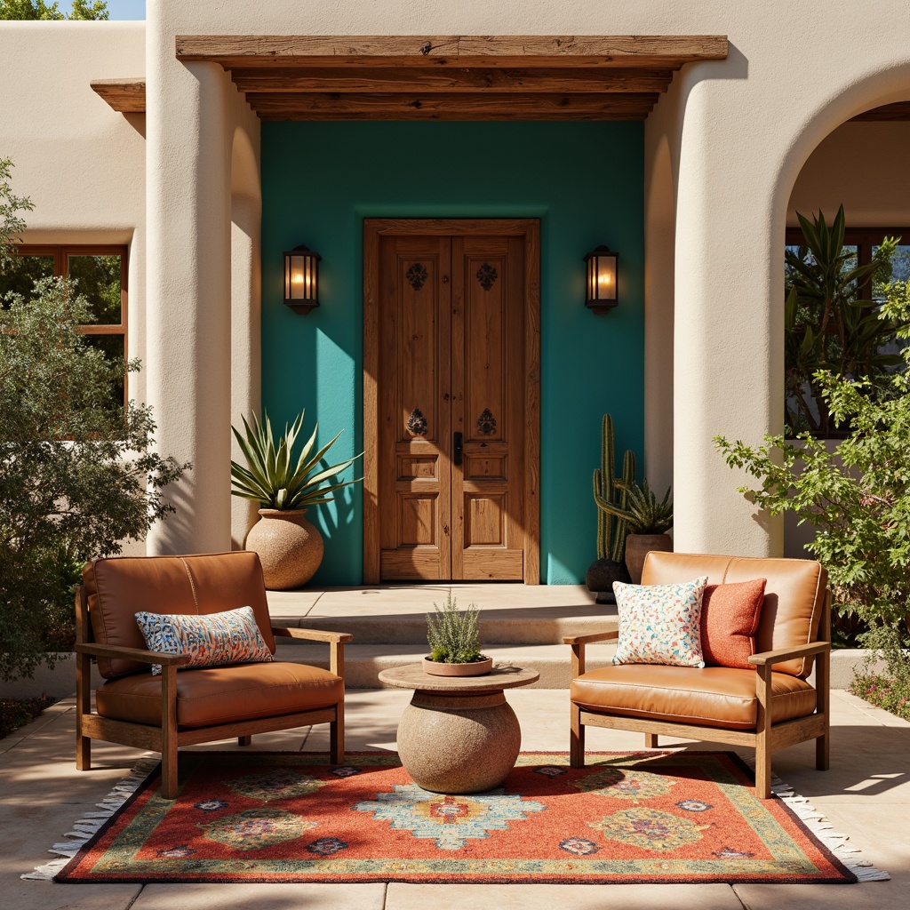 Prompt: Turquoise accent walls, woven Navajo patterned rugs, rustic wooden furniture, distressed leather armchairs, vibrant colorful pottery, hand-carved wooden decorative panels, geometric-patterned throw pillows, natural fiber textiles, warm earthy tones, adobe-inspired architecture, stucco exterior walls, arched doorways, desert botanicals, cactus plants, sun-baked terra cotta pots, warm golden lighting, shallow depth of field, 1/2 composition, realistic textures, ambient occlusion.