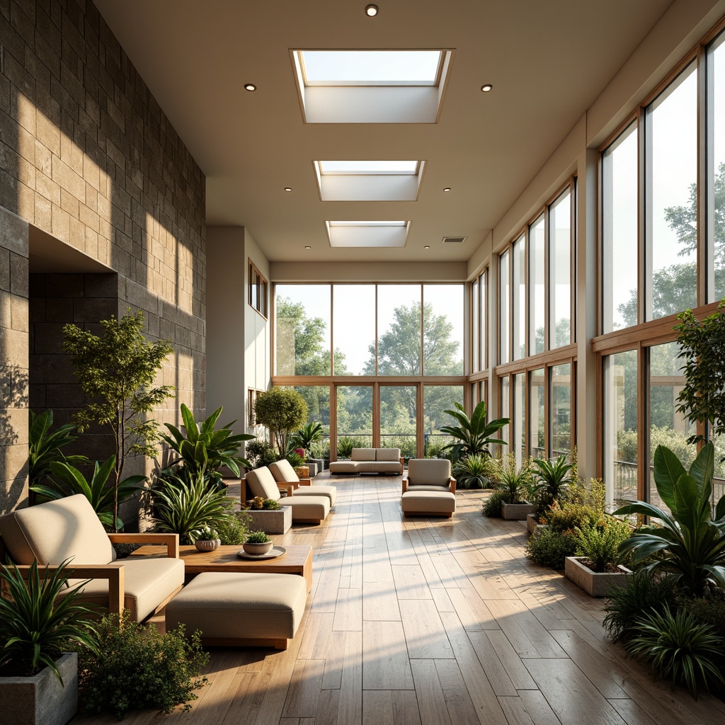 Prompt: Spacious great room, high ceilings, large windows, sliding glass doors, natural stone walls, wooden floors, minimalist decor, abundant greenery, potted plants, soft warm lighting, indirect sunlight, clerestory windows, skylights, solar tubes, reflective surfaces, light-colored walls, airy atmosphere, comfortable seating areas, cozy reading nooks, scenic outdoor views, panoramic vistas, 3/4 composition, shallow depth of field.