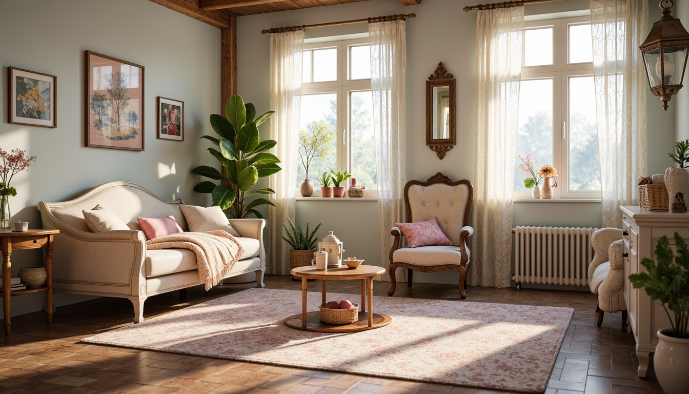 Prompt: Whimsical kids' room, distressed finishes, vintage furniture pieces, soft pastel colors, lace curtains, floral patterns, rustic wood accents, ornate metal details, plush area rugs, delicate porcelain vases, antique decorative items, feminine touches, eclectic accessories, warm cozy lighting, shallow depth of field, 1/1 composition, soft focus, romantic textures.