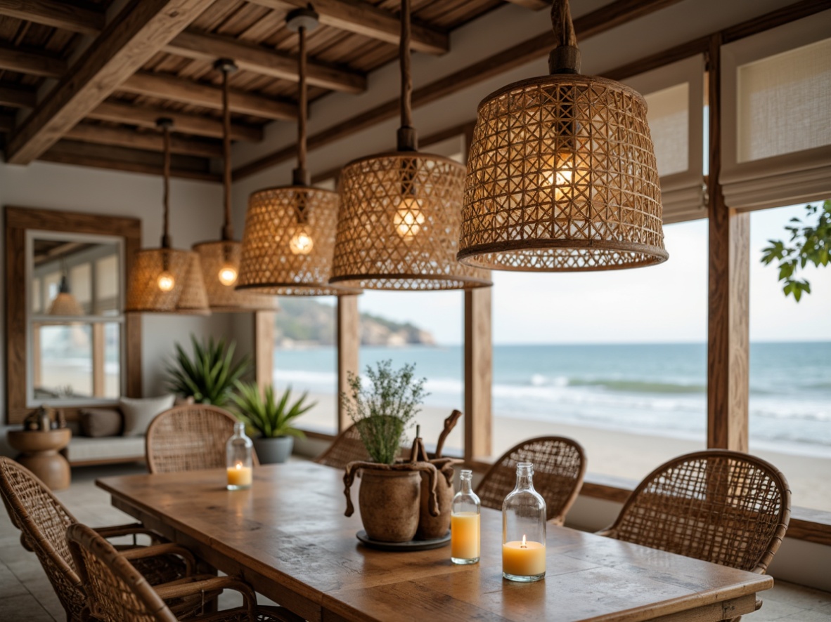 Prompt: Driftwood lanterns, nautical pendant lights, distressed metal shades, glass bottle pendants, woven rattan fixtures, natural linen shades, beachy vibes, ocean-inspired decor, soft warm glow, ambient lighting, coastal cottage feel, rustic wooden beams, vintage nautical instruments, sea-salt air, misty mornings, gentle breeze, 1/1 composition, realistic textures, subtle color palette, creamy whites, weathered woods.