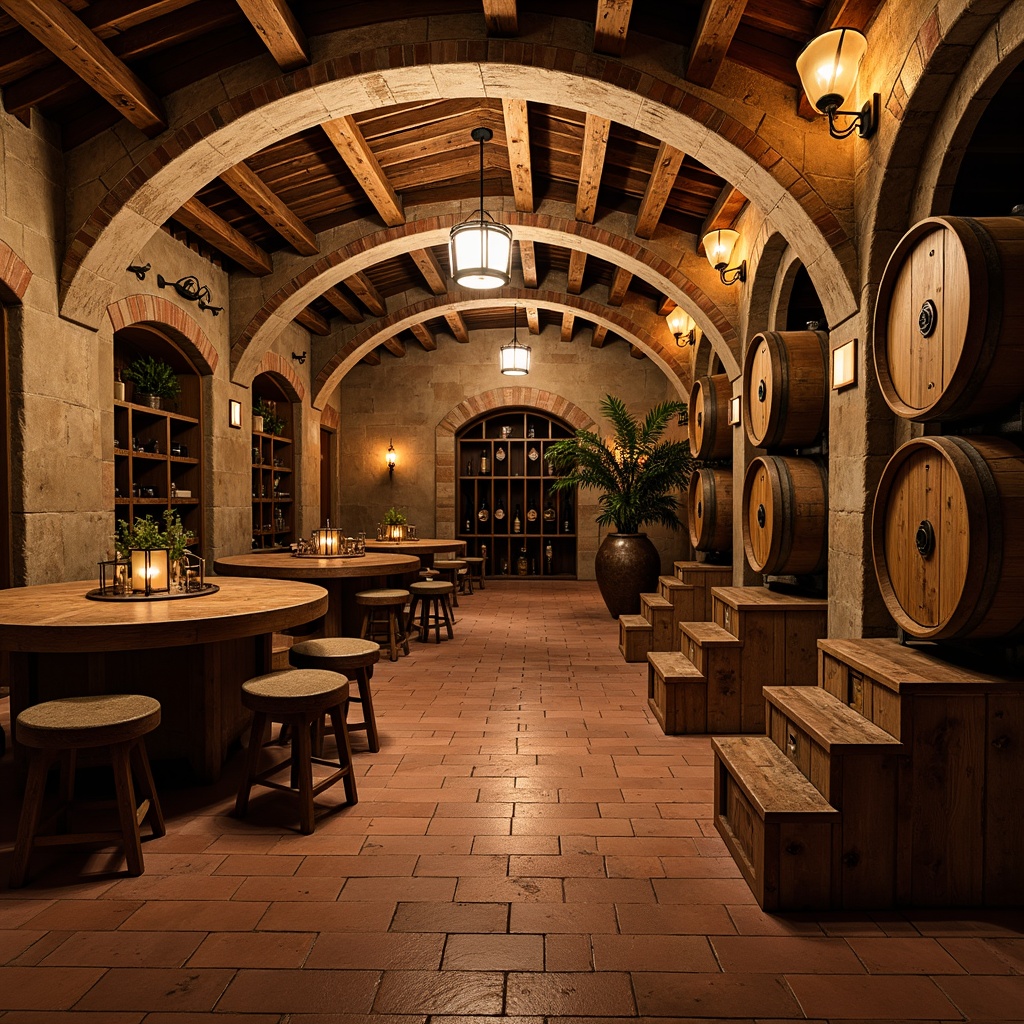 Prompt: Rustic wine cellar, earthy tones, terracotta flooring, natural stone walls, wooden barrel racks, dim warm lighting, ambient shadows, rich wood accents, ornate metalwork, vintage wine barrels, old-world charm, rustic brick arches, curved staircases, Mediterranean-inspired tile patterns, distressed wood finishes, soft golden lighting, 1/1 composition, intimate atmosphere, realistic textures.