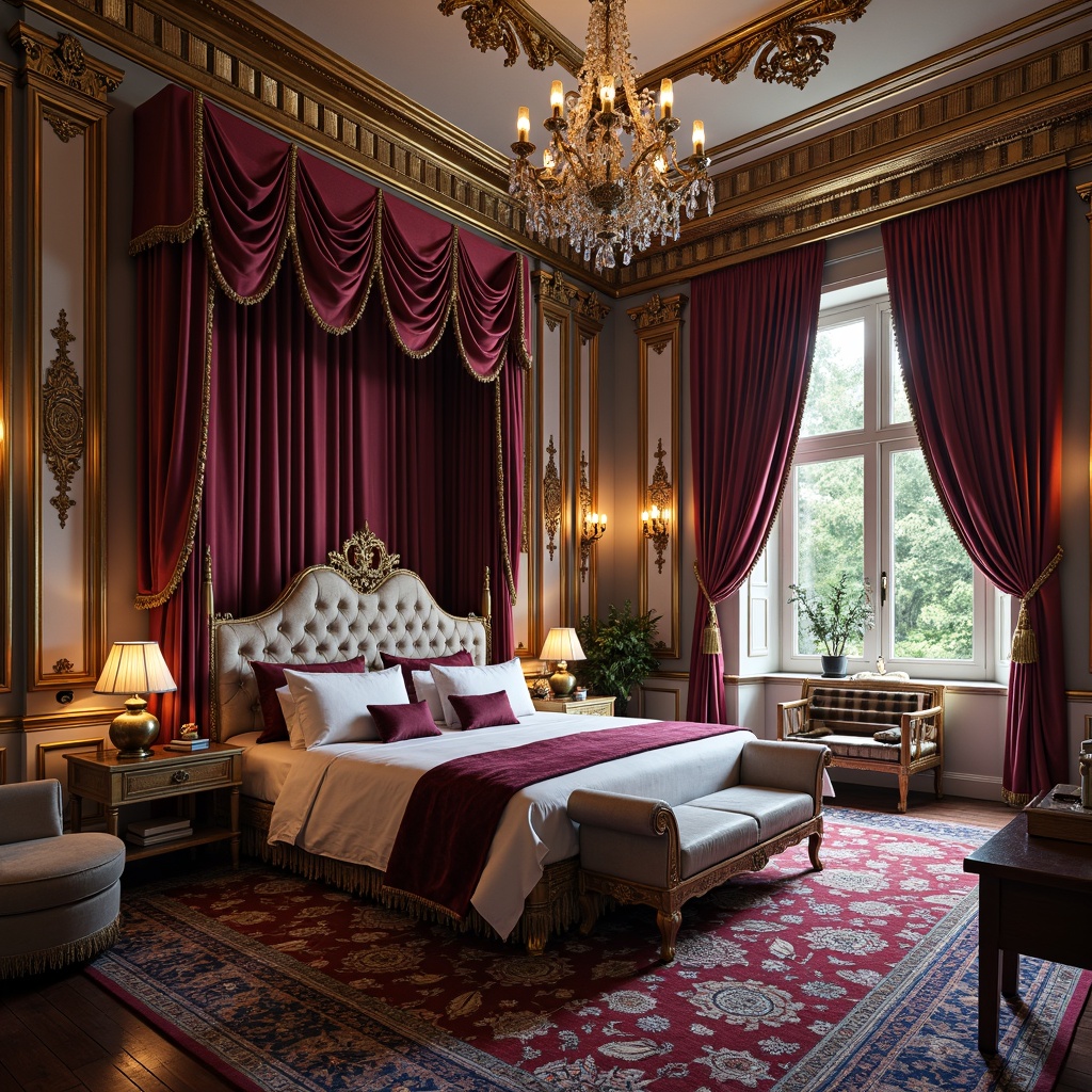 Prompt: Luxurious bedroom, ornate furnishings, rich velvet fabrics, golden accents, crystal chandeliers, intricate carvings, warm candlelight, soft feminine curves, lavish drapery, regal purple hues, opulent red tones, majestic blue shades, creamy whites, subtle gold leafing, Renaissance-inspired patterns, delicate lace details, romantic florals, whispering silks, lavish tufted upholstery, indulgent marble surfaces, dramatic ceiling heights, ornate mirrors, vintage antique pieces.