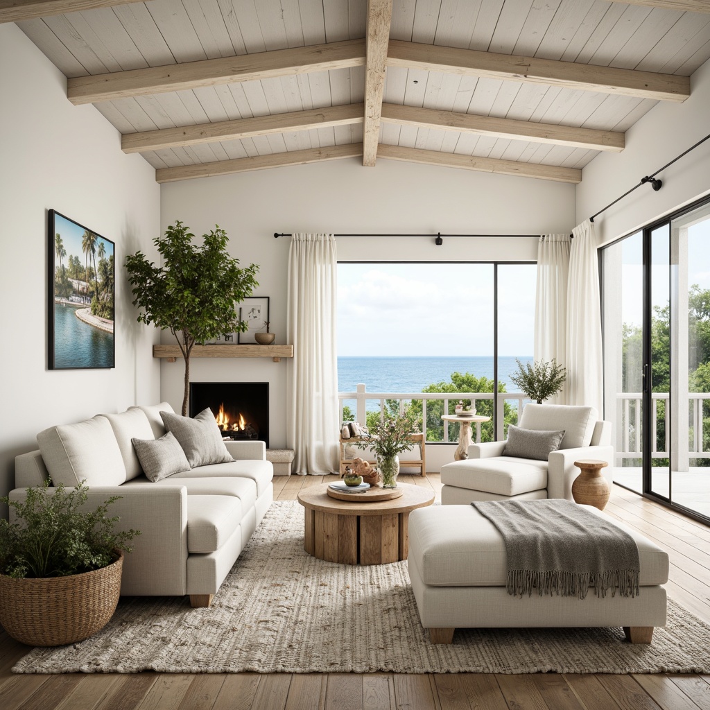 Prompt: Calming coastal cottage, soft sandy whites, gentle seafoam greens, warm driftwood grays, ocean-inspired blues, natural woven textiles, distressed wood accents, vintage nautical decor, plush area rugs, comfortable linen upholstery, subtle shell patterns, organic natural materials, effortless beachy vibe, abundant natural light, airy open spaces, minimalist decorative elements, serene ambiance, soft warm glow lighting, shallow depth of field, 1/1 composition, realistic textures.