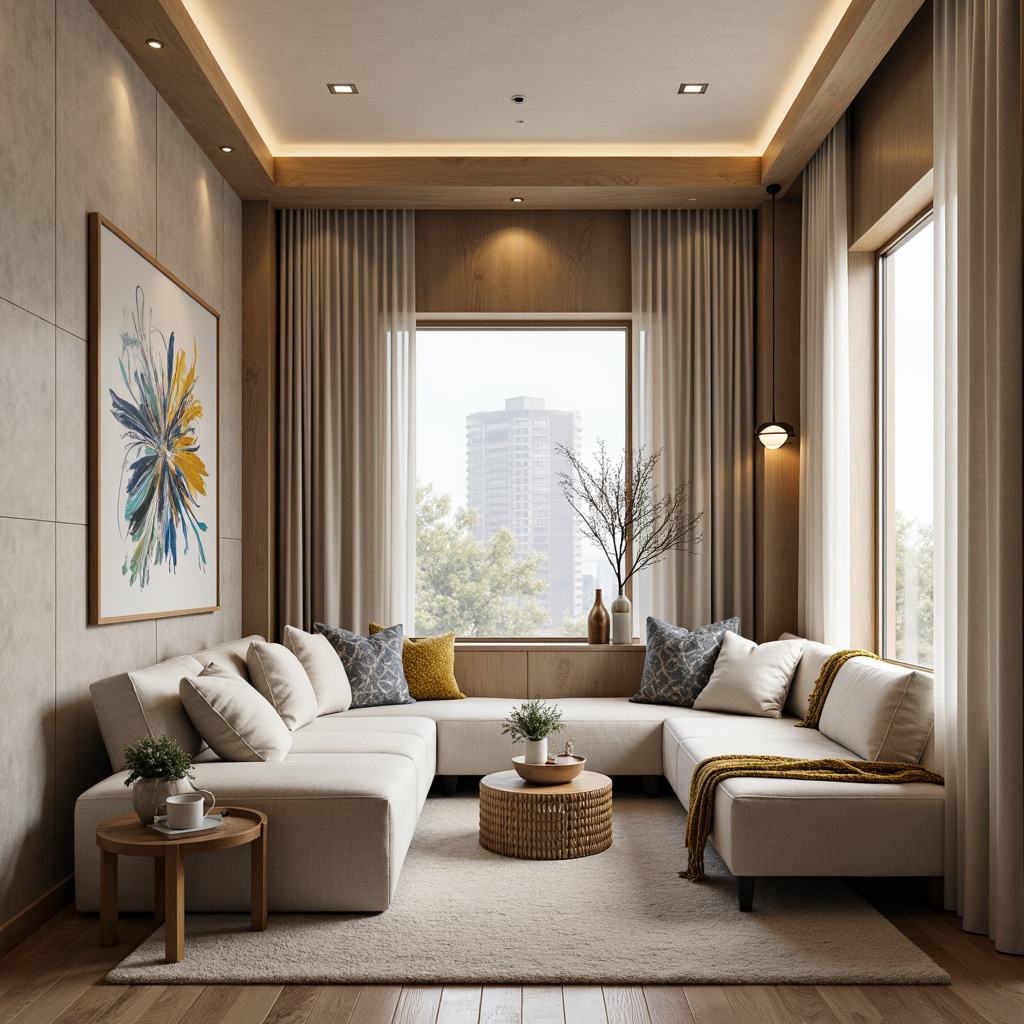 Prompt: Cozy modern nook, warm neutral tones, soft beige walls, rich wood accents, plush velvet fabrics, metallic gold details, creamy whites, calming blues, natural textures, minimal ornamentation, Scandinavian-inspired design, ample natural light, floor-to-ceiling windows, sheer curtains, abstract artwork, geometric patterns, warm ambient lighting, inviting atmosphere.