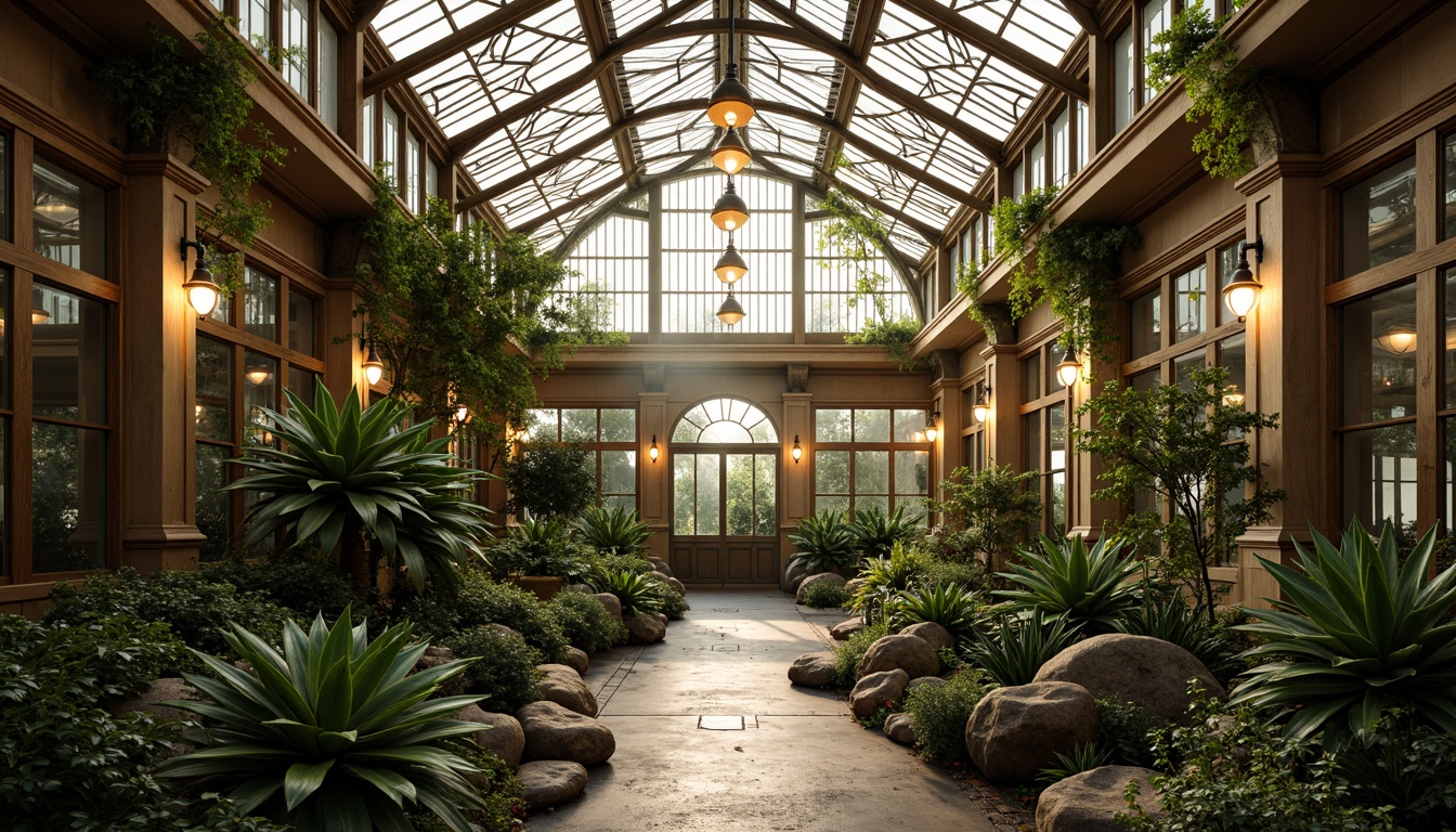 Prompt: Elegant greenhouse, lush tropical plants, ornate Victorian details, warm natural light, soft diffused illumination, stained glass windows, intricate metal frameworks, vintage-inspired lanterns, pendant lighting fixtures, rustic wooden accents, distressed finishes, earthy tones, moss-covered stones, ivy-clad walls, misty atmosphere, warm golden lighting, shallow depth of field, 1/2 composition, intimate portrait orientation, realistic textures, subtle ambient occlusion.