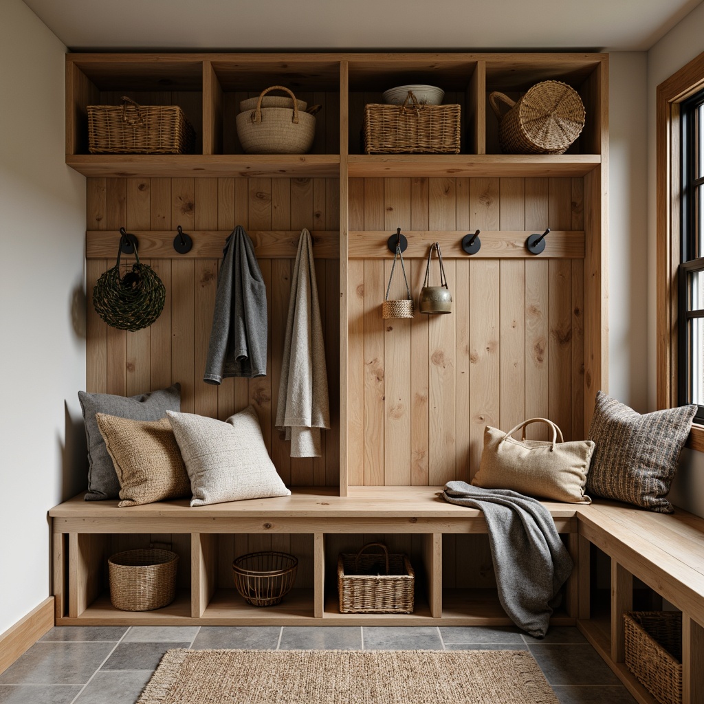 Prompt: Cozy mudroom, rustic wooden benches, woven baskets, natural stone flooring, earthy color palette, functional storage solutions, built-in shelving units, hooks for hanging, woven textiles, vintage metal accents, warm soft lighting, shallow depth of field, 1/1 composition, realistic textures, ambient occlusion.