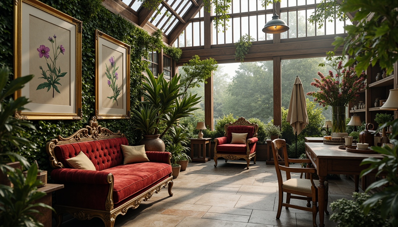 Prompt: Luxurious greenhouse interior, Victorian-style ornate furniture, intricately carved wooden benches, plush velvet cushions, elegant metal frames, vintage-inspired botanical prints, lush greenery, exotic flowers, natural stone flooring, distressed wood accents, warm soft lighting, subtle misting effects, 1/1 composition, shallow depth of field, realistic textures, ambient occlusion.