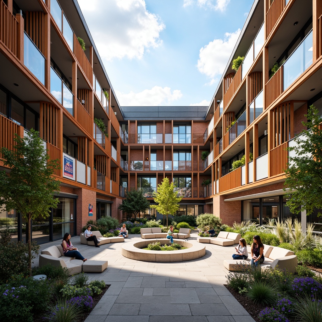 Prompt: Vibrant high school courtyard, open-air amphitheater, eclectic mix of modern and traditional architecture, exposed brick walls, wooden accents, industrial metal beams, natural stone flooring, lush greenery, blooming flowers, educational signage, comfortable outdoor seating, flexible learning spaces, collaborative work areas, soft warm lighting, shallow depth of field, 3/4 composition, panoramic view, realistic textures, ambient occlusion.