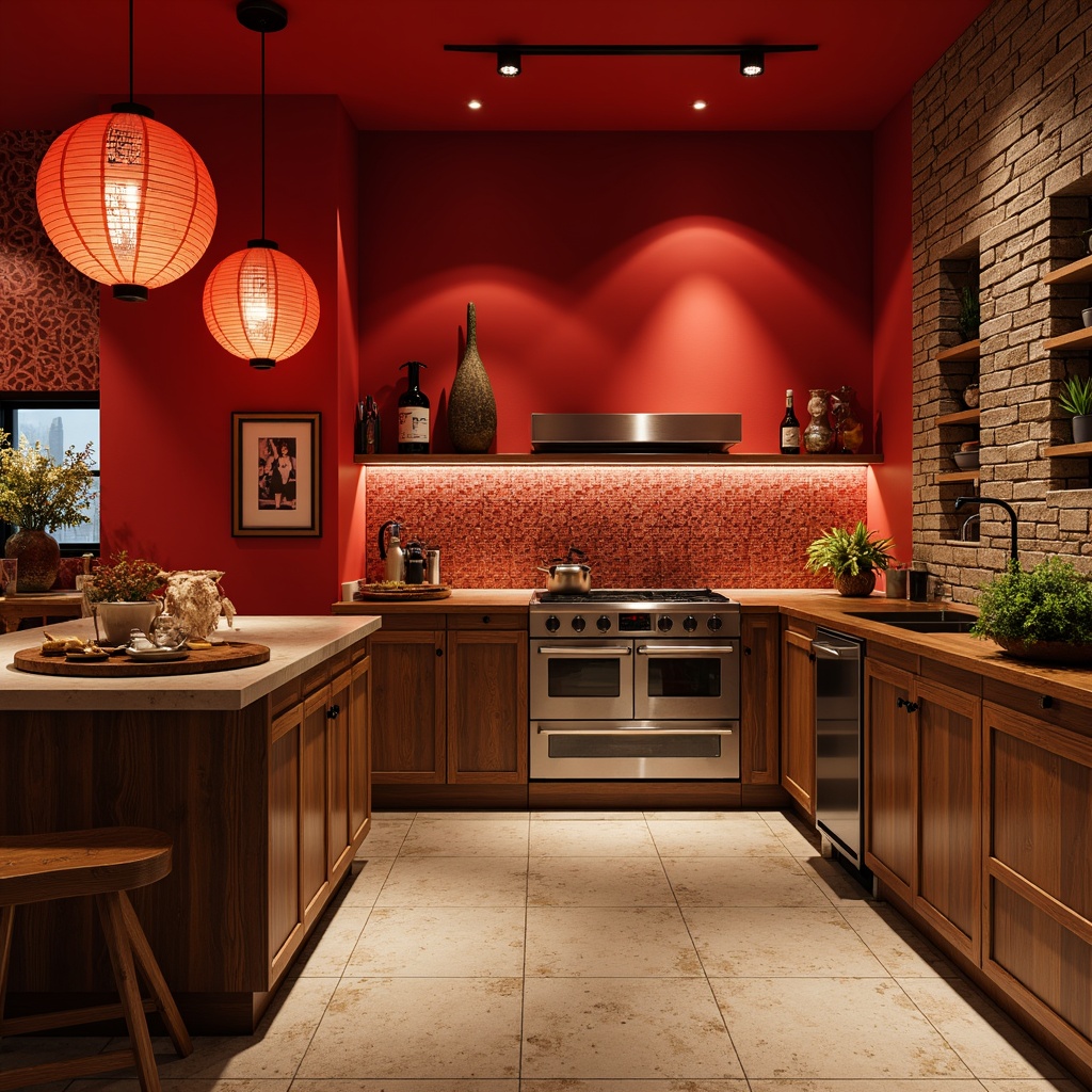 Prompt: Vibrant Asian kitchen, bold red accents, traditional Chinese lanterns, natural stone backsplashes, intricate ceramic tile patterns, stainless steel appliances, modern minimalistic cabinetry, warm wooden countertops, ambient lighting, shallow depth of field, 3/4 composition, realistic textures, ambient occlusion, cultural symbolic motifs, auspicious colors, harmonious balance of yin and yang elements.