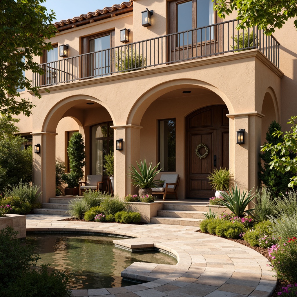 Prompt: Rustic villa facade, earthy tone stucco walls, terracotta roof tiles, ornate wooden doors, distressed metal accents, vintage lanterns, natural stone columns, curved archways, lush greenery, blooming flowers, tranquil courtyard, serene water features, warm sunny day, soft golden lighting, shallow depth of field, 3/4 composition, realistic textures, ambient occlusion.