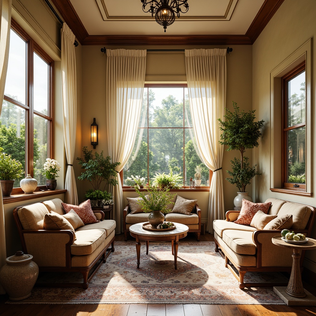 Prompt: Elegant sunroom interior, warm beige tones, classic ornate furnishings, plush velvet sofas, intricately patterned rugs, ornamental vases, natural linen drapes, wooden accents, subtle golden trimmings, soft diffused lighting, 1/1 composition, relaxed atmosphere, comfortable seating areas, vibrant greenery, blooming flowers, delicate ceramics, distressed wood textures, warm earthy colors, rustic charm, cozy ambiance.