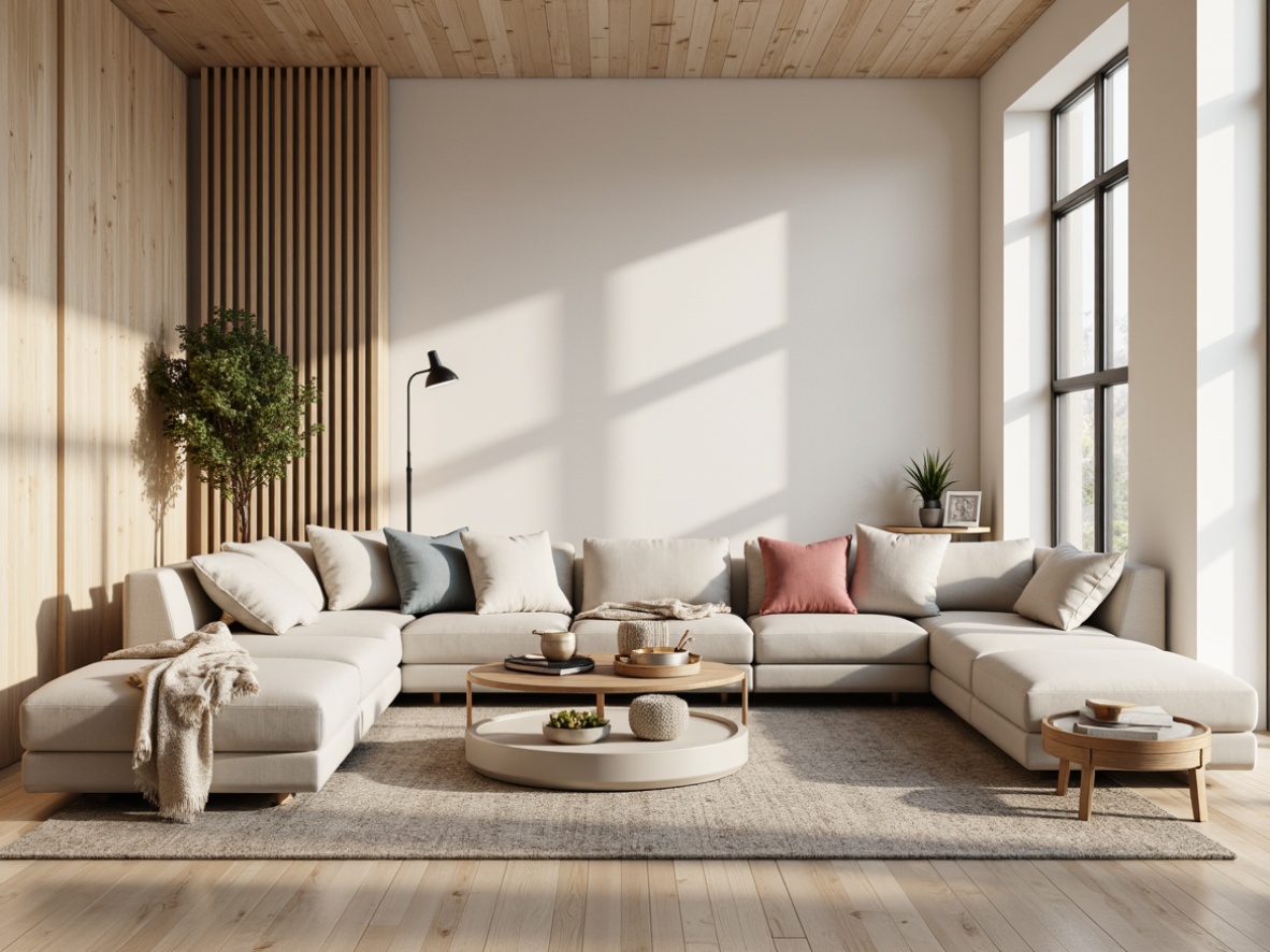 Prompt: Minimalist living room, light wood tones, natural textures, sleek lines, Nordic-inspired furniture, plush throw blankets, geometric patterns, soft pastel colors, industrial metal accents, functional simplicity, cozy atmosphere, warm candlelight, shallow depth of field, 1/1 composition, realistic rendering.