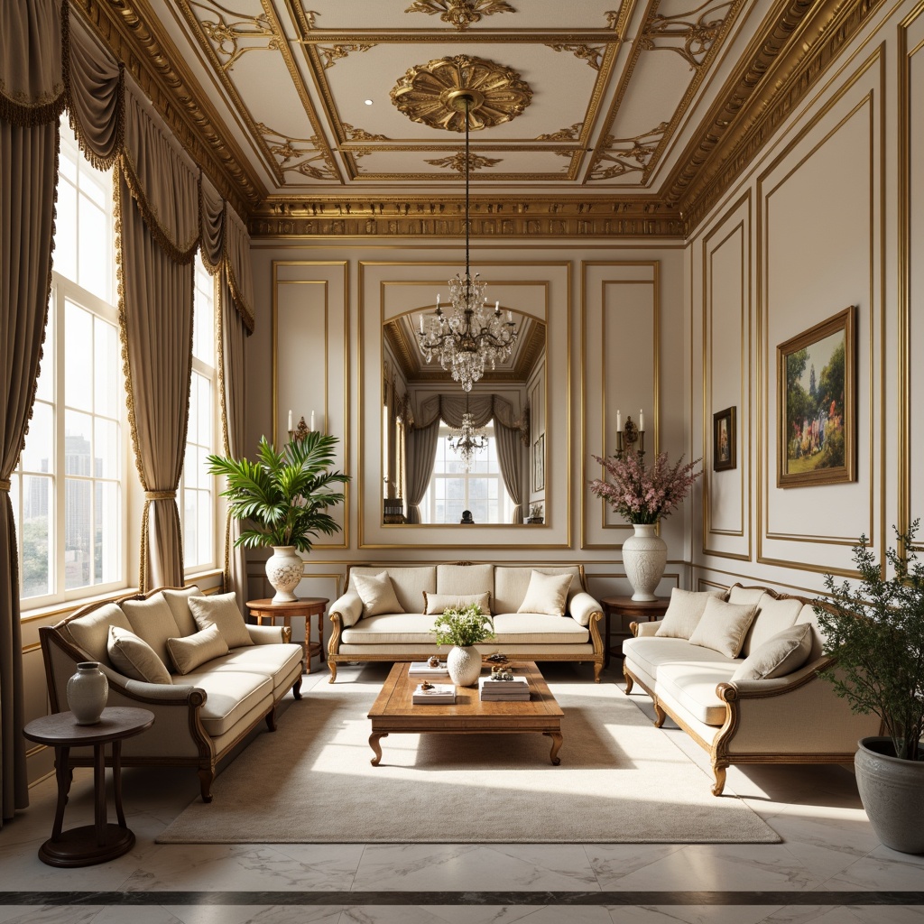 Prompt: Luxurious living room, ornate gold frames, intricate carvings, curved lines, soft pastel hues, velvet upholstery, tufted sofas, antique furniture, crystal chandeliers, marble floors, lavish drapery, tassel trimmings, delicate porcelain vases, fresco ceilings, natural light, warm beige tones, shallow depth of field, 1/1 composition, romantic ambiance, realistic textures, subtle ambient occlusion.