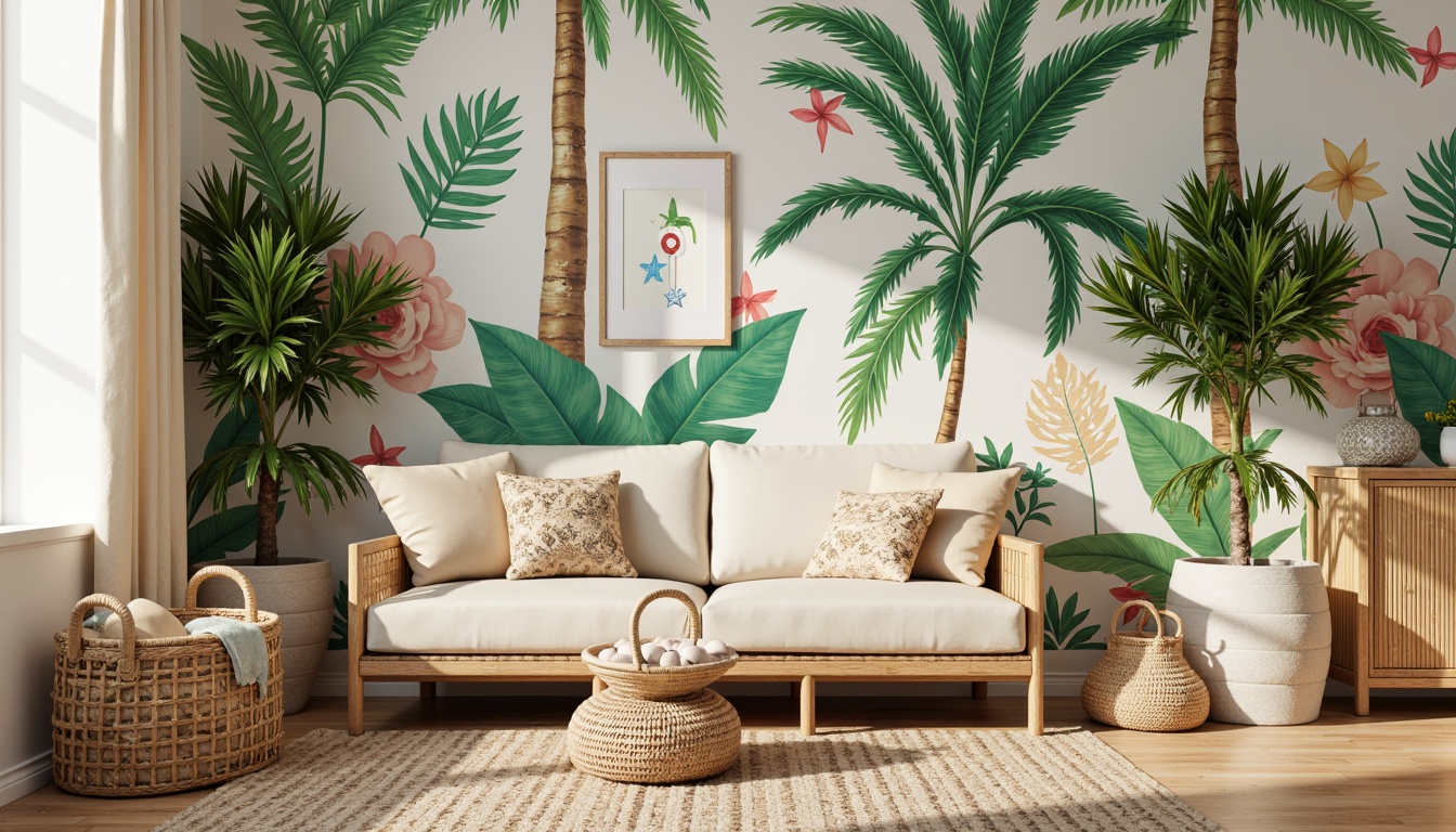 Prompt: Vibrant tropical wallpaper, palm tree silhouettes, colorful floral patterns, woven bamboo furniture, natural rattan accessories, soft pastel hues, cream-colored curtains, delicate leaf-shaped decorations, whimsical jungle-themed artwork, playful monkey mobiles, textured woven baskets, warm wooden accents, subtle shell embellishments, gentle ocean breeze-inspired lighting, shallow depth of field, 1/1 composition, realistic textures, ambient occlusion.