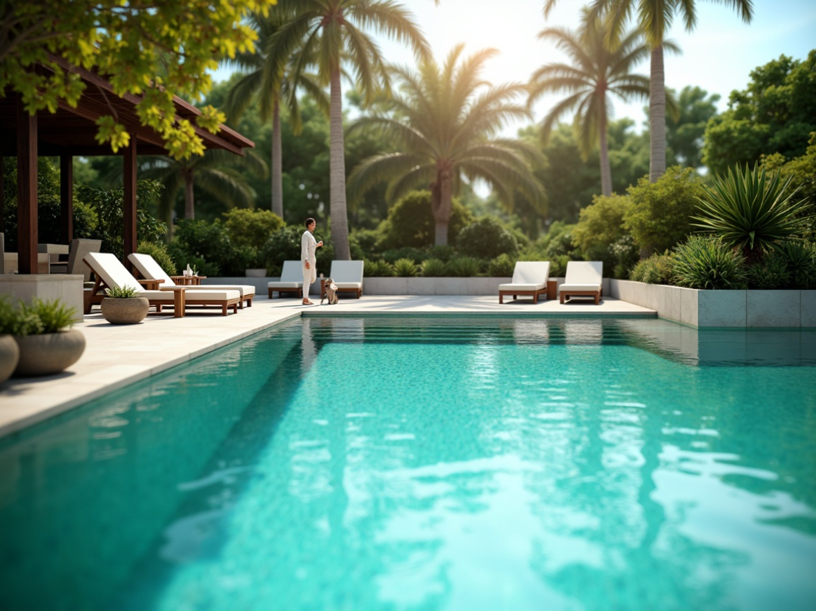 Prompt: Vibrant turquoise water, sleek modern pool design, surrounding lush greenery, tropical plants, warm sunny day, soft natural light, shimmering water reflections, calming ambiance, elegant outdoor furniture, comfortable lounge chairs, refreshing cocktails, tranquil atmosphere, crystal clear water, subtle gradient effects, ombre-inspired color transitions, 3D rendering, photorealistic textures, cinematic lighting, shallow depth of field.