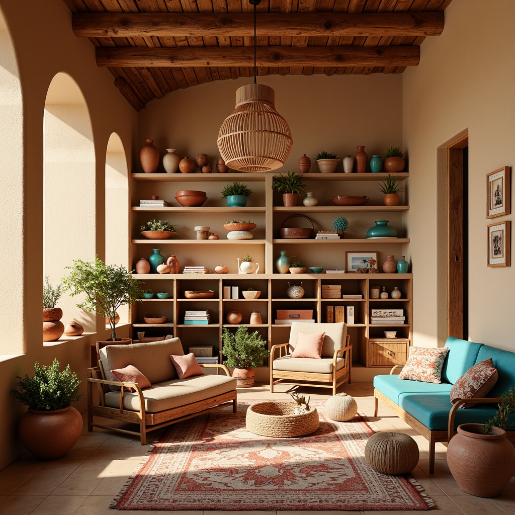 Prompt: Vibrant craft room, Southwestern-inspired decor, earthy tones, terracotta pottery, turquoise accents, sandy beige walls, warm wooden furniture, woven textiles, natural fiber rugs, geometric patterns, bold color blocking, soft warm lighting, shallow depth of field, 3/4 composition, panoramic view, realistic textures, ambient occlusion.