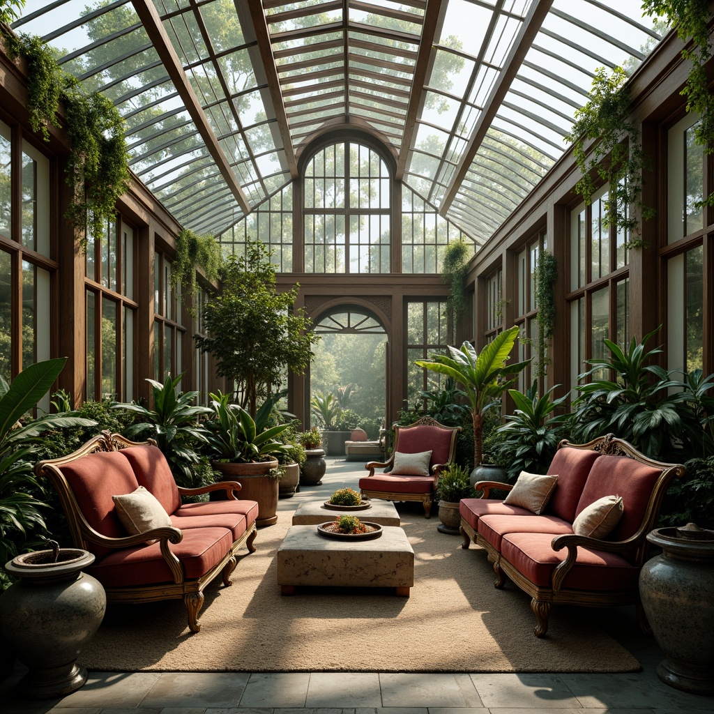 Prompt: Luxurious greenhouse interior, ornate Victorian-style furniture, intricately carved wooden benches, plush velvet armchairs, distressed leather ottomans, antique metal planters, lush greenery, exotic plants, natural stone floors, rustic wooden accents, warm soft lighting, misty atmosphere, shallow depth of field, 1/1 composition, realistic textures, ambient occlusion.