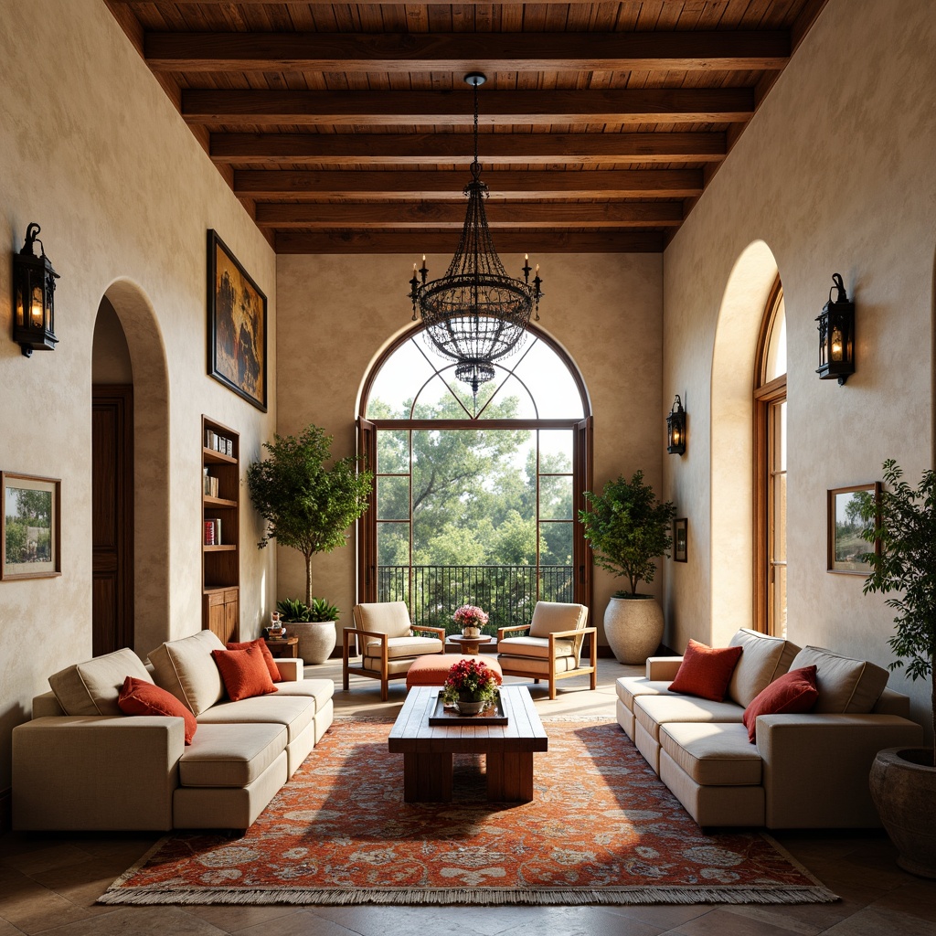 Prompt: Grand Mediterranean great room, open concept living space, high ceilings, exposed wooden beams, natural stone walls, arched windows, ornate wrought iron chandeliers, plush sectional sofas, vibrant colorful throw pillows, Moroccan-inspired tiles, warm earthy tones, lush greenery, potted plants, natural light pouring in, soft warm lighting, 1/1 composition, realistic textures, ambient occlusion.