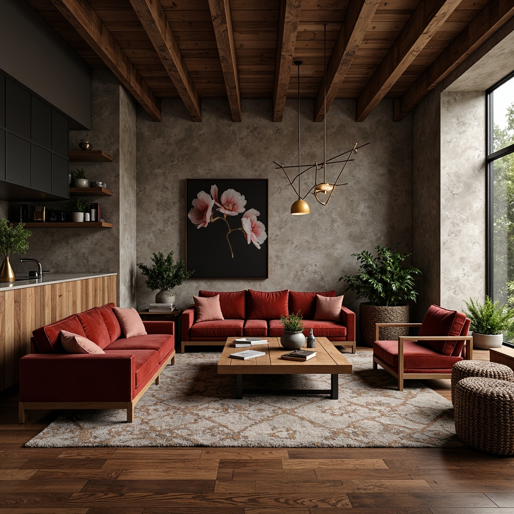 Prompt: Luxurious velvet sofas, reclaimed wood coffee tables, rough-hewn stone walls, smooth marble countertops, metallic accents, matte black furniture, plush area rugs, natural fiber upholstery, intricate woven baskets, richly grained wooden floors, soft warm lighting, dramatic shadows, 3/4 composition, intimate atmosphere, cozy reading nooks, eclectic decorative objects.