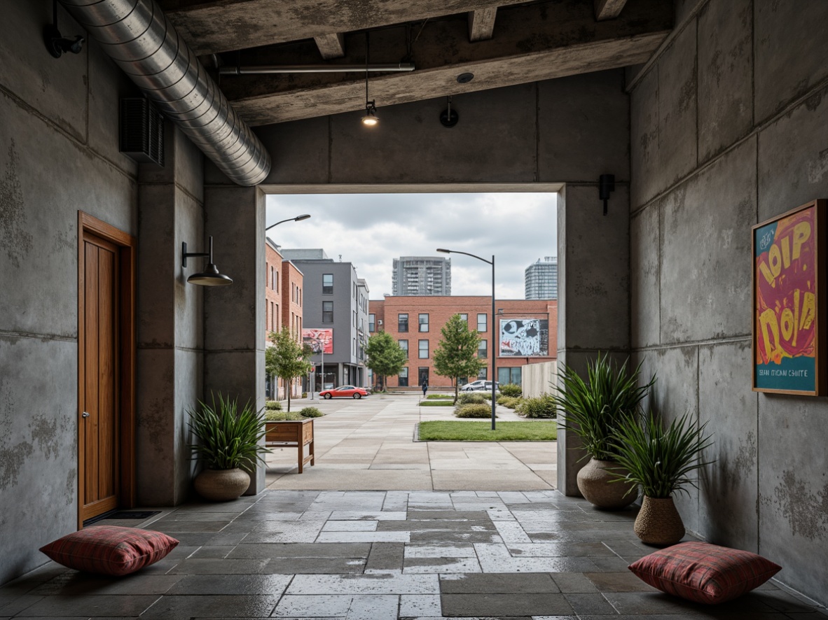 Prompt: Rough-hewn concrete walls, exposed ductwork, industrial metal beams, bold geometric shapes, rugged stone floors, raw wood accents, minimalist decor, vibrant street art murals, urban landscape views, cloudy day, dramatic sidelight, high contrast, deep depth of field, 2/3 composition, cinematic framing, gritty realistic textures, ambient occlusion.