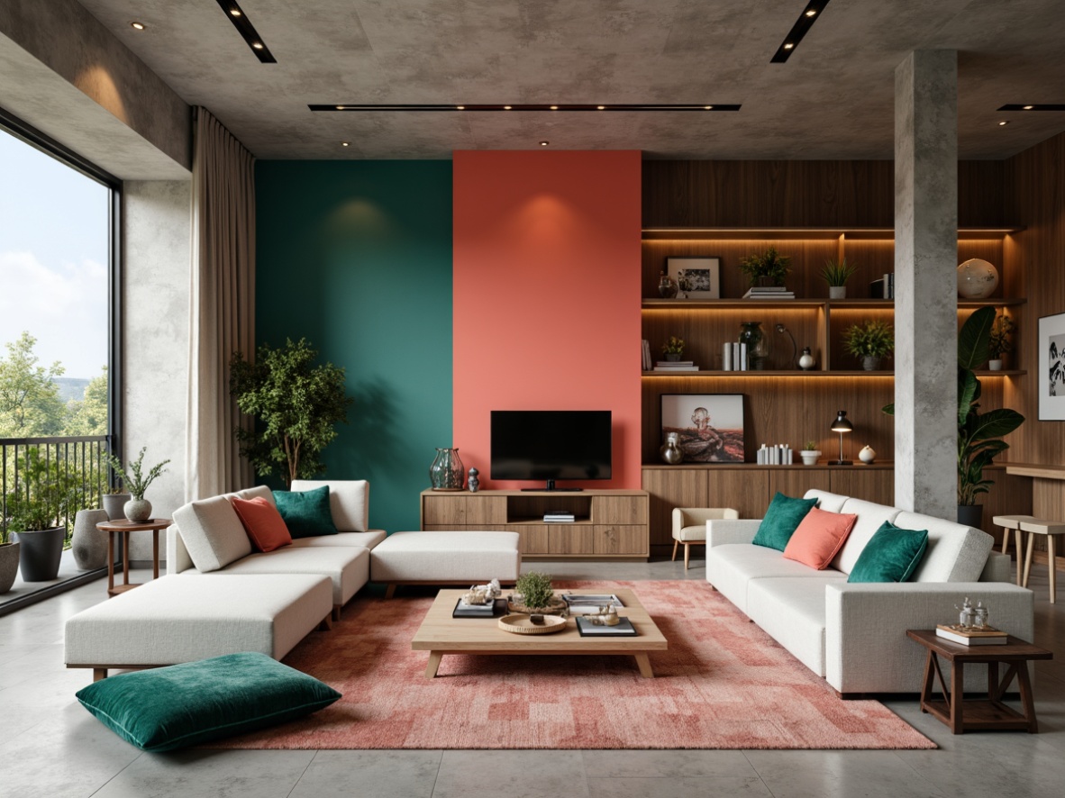 Prompt: Modern living room, sleek lines, minimalist decor, bold accent walls, neutral background tones, rich wood accents, metallic highlights, warm ambient lighting, natural textures, industrial chic, exposed concrete floors, statement furniture pieces, monochromatic color scheme, contrasting hues, vibrant coral, deep blues, rich emerald greens, creamy whites, soft grays, 1/1 composition, dramatic shadows, high-contrast lighting.