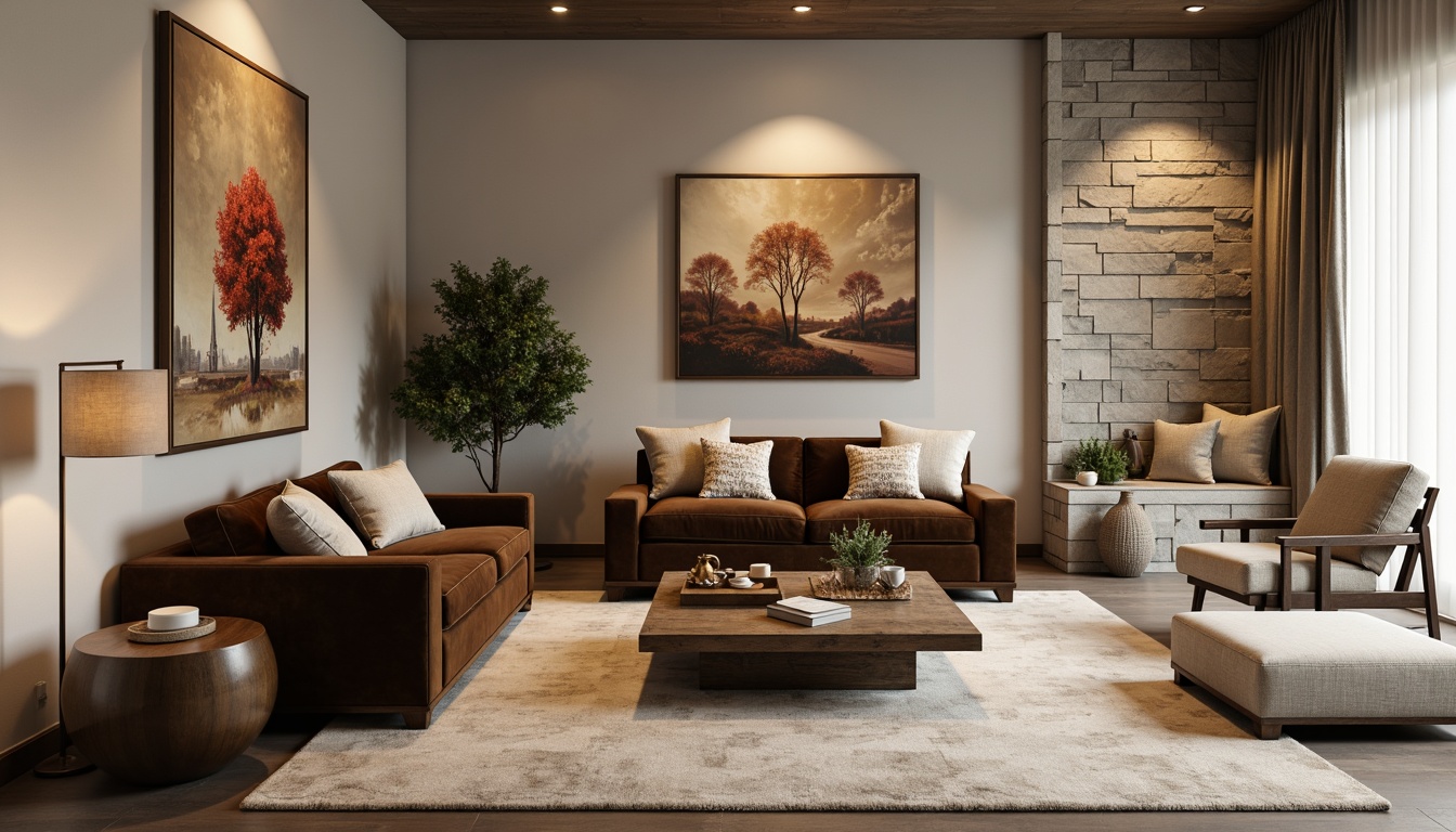 Prompt: Elegant living room, luxurious velvet sofa, reclaimed wooden coffee table, metallic accents, ambient floor lamp, plush area rug, statement artwork, modern minimalist decor, sleek low-profile TV stand, functional storage ottoman, comfortable reading nook, natural stone feature wall, warm beige color scheme, soft diffused lighting, 1/1 composition, realistic textures, subtle shading.