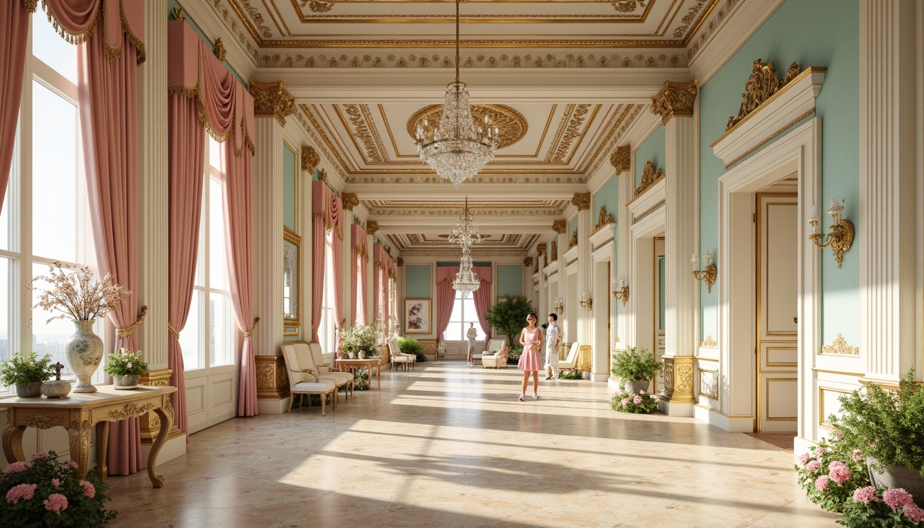 Prompt: Ornate Rococo palace, soft golden lighting, creamy whites, pale blues, blush pinks, mint greens, ivory columns, intricate moldings, ornamental carvings, velvet drapes, crystal chandeliers, gilded frames, delicate porcelain vases, lush floral patterns, subtle gradient effects, warm beige marble floors, shallow depth of field, 1/1 composition, soft focus, realistic textures.