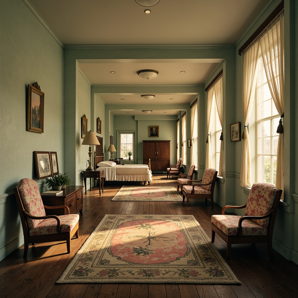 Prompt: Vintage hospital corridor, distressed wooden floors, soft pastel colors, floral patterned fabrics, lace curtains, ruffled bed linens, antique medical equipment, ornate metal frames, warm golden lighting, cozy reading nooks, plush velvet armchairs, rustic wood accents, natural fiber rugs, subtle texture overlays, 1/1 composition, intimate focal length, realistic fabric simulations.