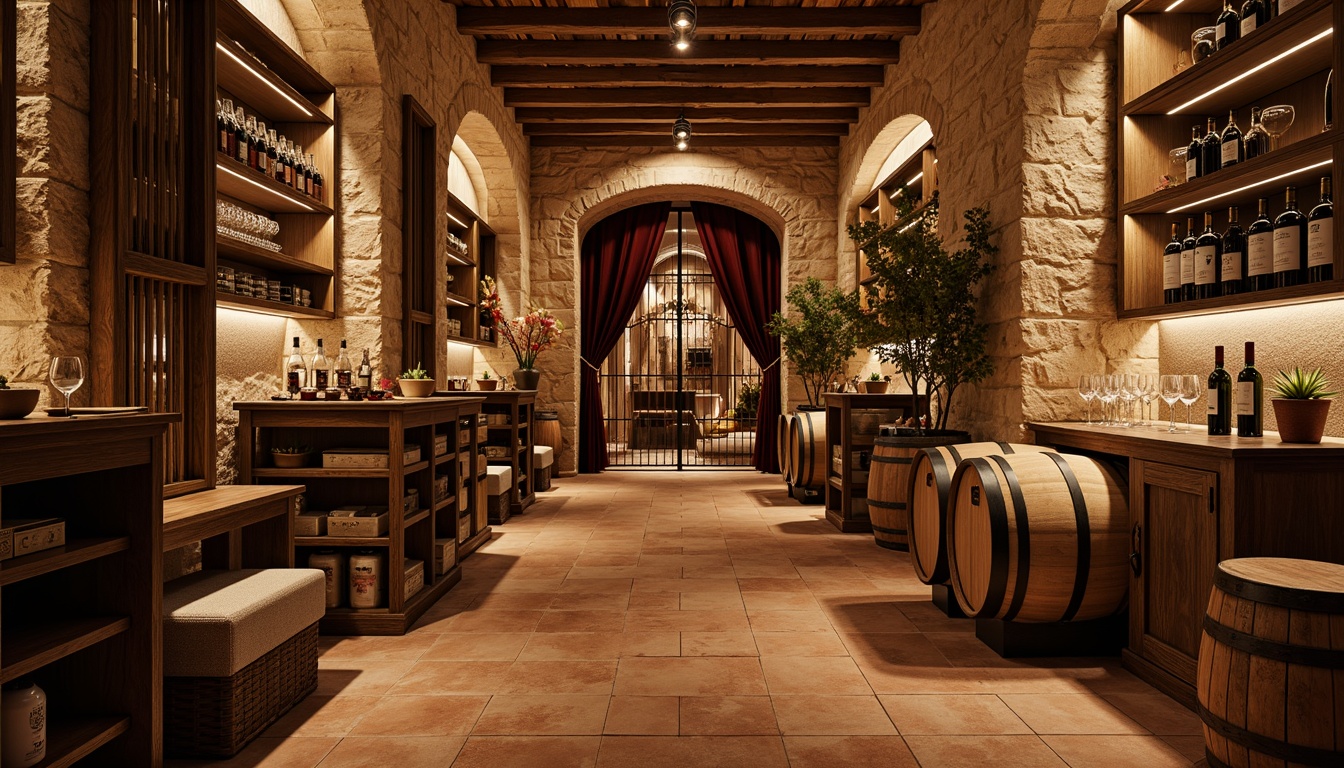 Prompt: Rustic wine cellar, Mediterranean style, earthy tones, wooden shelving units, distressed finishes, curved archways, wrought iron accents, dim warm lighting, natural stone walls, terracotta floors, ambient shadows, soft focus, 1/2 composition, atmospheric perspective, rich textures, ornate metalwork, vintage wine barrels, elegant wine glasses, luxurious velvet drapes, warm beige colors, sun-kissed stonework.