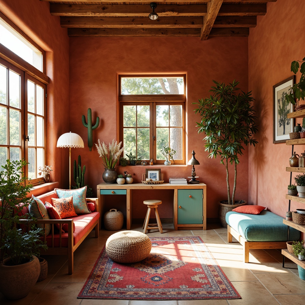 Prompt: Vibrant southwestern craft room, earthy terracotta walls, rustic wooden furniture, colorful woven textiles, turquoise accents, warm beige flooring, natural light pouring in, large windows, desert botanicals, cacti decorations, vintage pottery displays, woven basket storage, ethnic-inspired patterns, bold geometric shapes, cozy reading nook, soft ambient lighting, 3/4 composition, shallow depth of field.