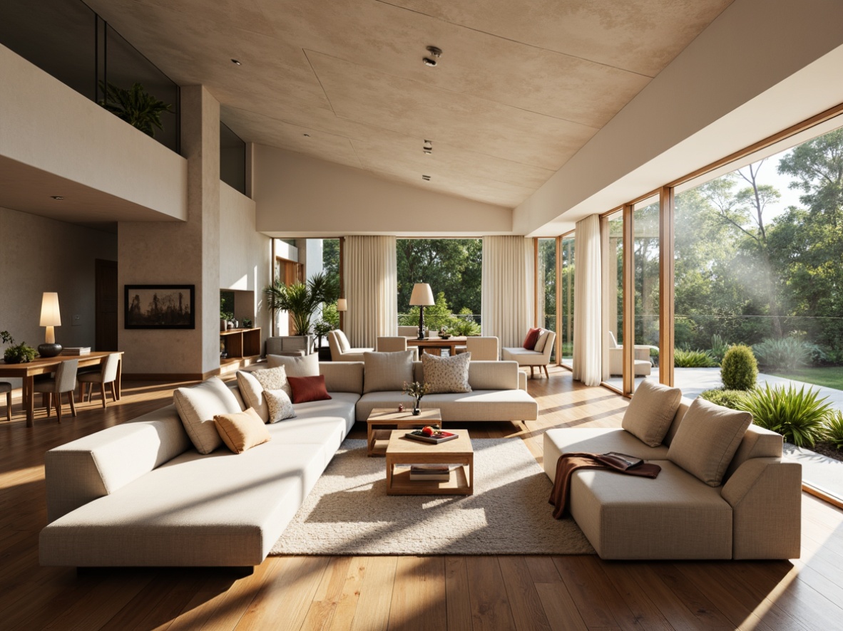 Prompt: Open-plan living area, comfortable sofas, cozy throw pillows, natural wood flooring, minimalist decor, floor-to-ceiling windows, sliding glass doors, abundant natural light, warm earthy tones, soft diffused lighting, spacious feel, effortless flow, curved lines, functional zones, flexible furniture layout, greenery accents, calming ambiance, serene atmosphere, 1/1 composition, shallow depth of field, realistic textures.