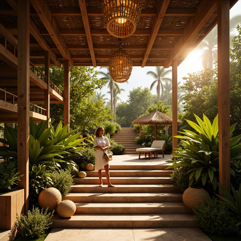 Prompt: Tropical staircase, warm golden lighting, soft glow, pendant lamps, natural fiber shades, woven rattan details, exotic wood tones, polished bronze fixtures, coastal vibe, beachy ambiance, bright sunny day, indirect warm lighting, shallow depth of field, 1/2 composition, realistic textures, ambient occlusion.